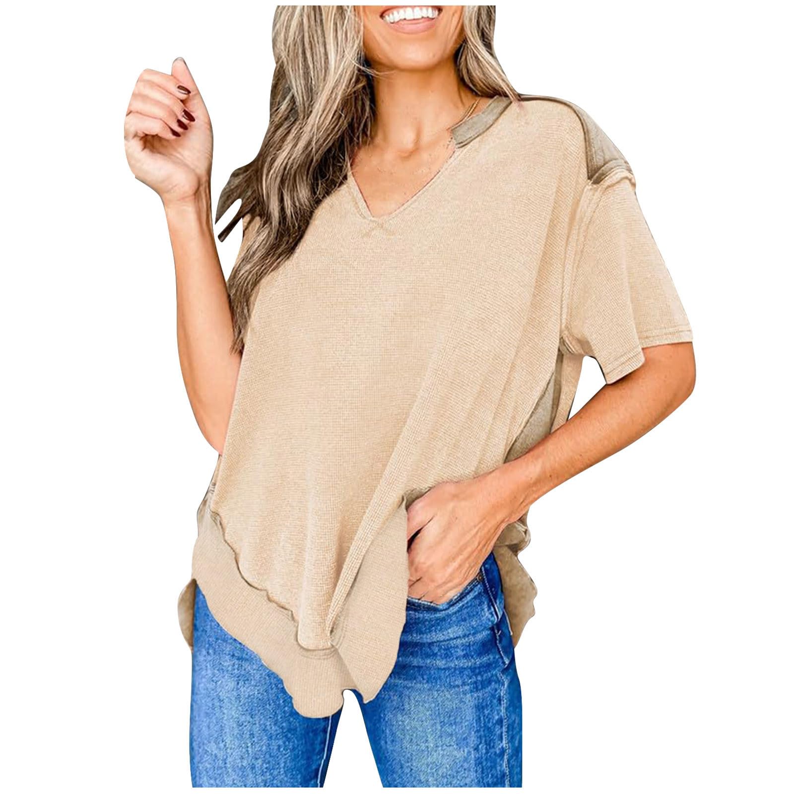Women's Oversized V-Neck Waffle Knit Short Sleeve T-Shirt - Loose Fit Casual Blouse for Everyday Wear, Lounge & Street Style