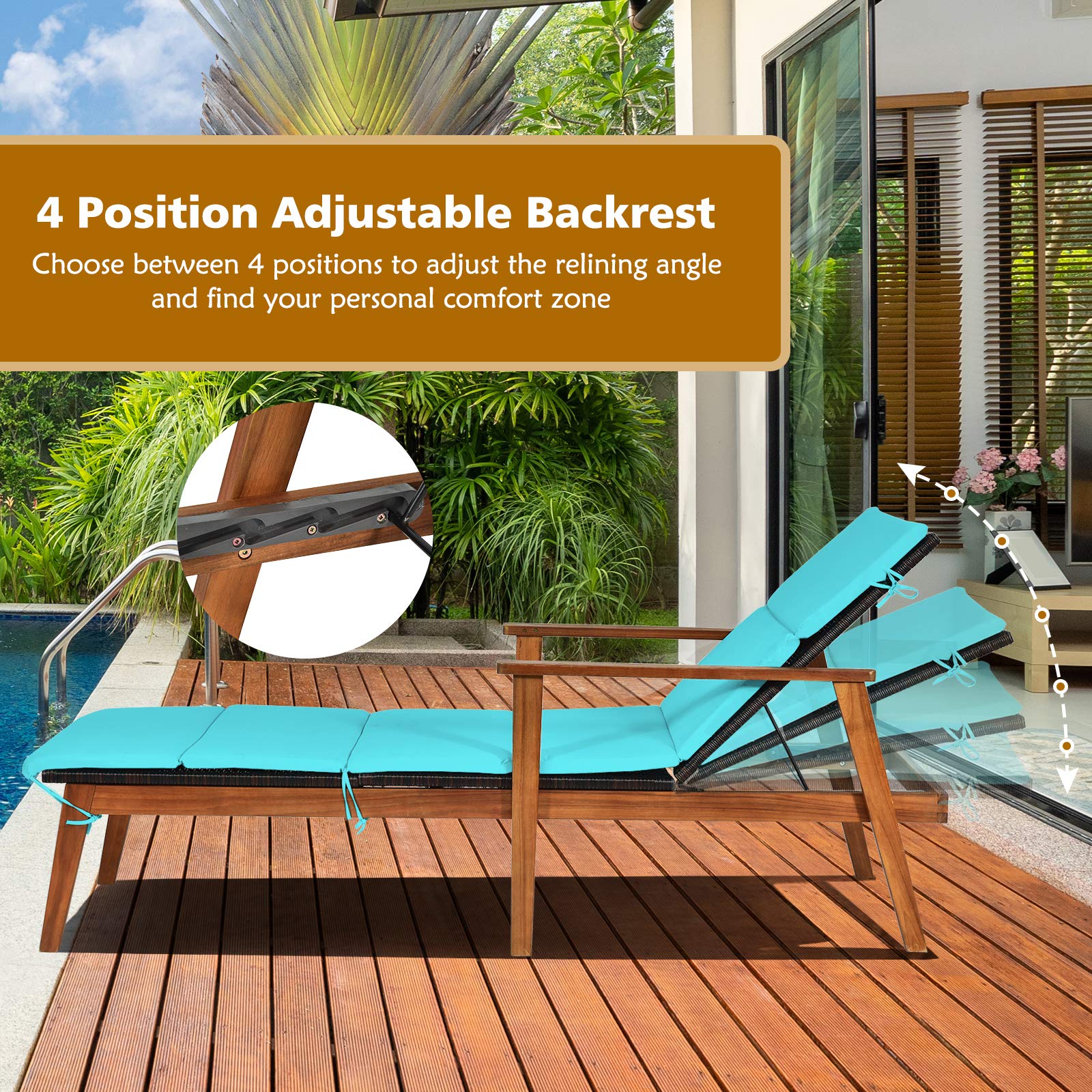 **Acacia Wood Chaise Lounge Set with Folding Coffee Table & Removable Cushions - 4 Adjustable Positions, Rattan Reclining Chair for Poolside, Garden, Beach, Patio - Turquoise Outdoor Furniture for Relaxation & Sunbathing**