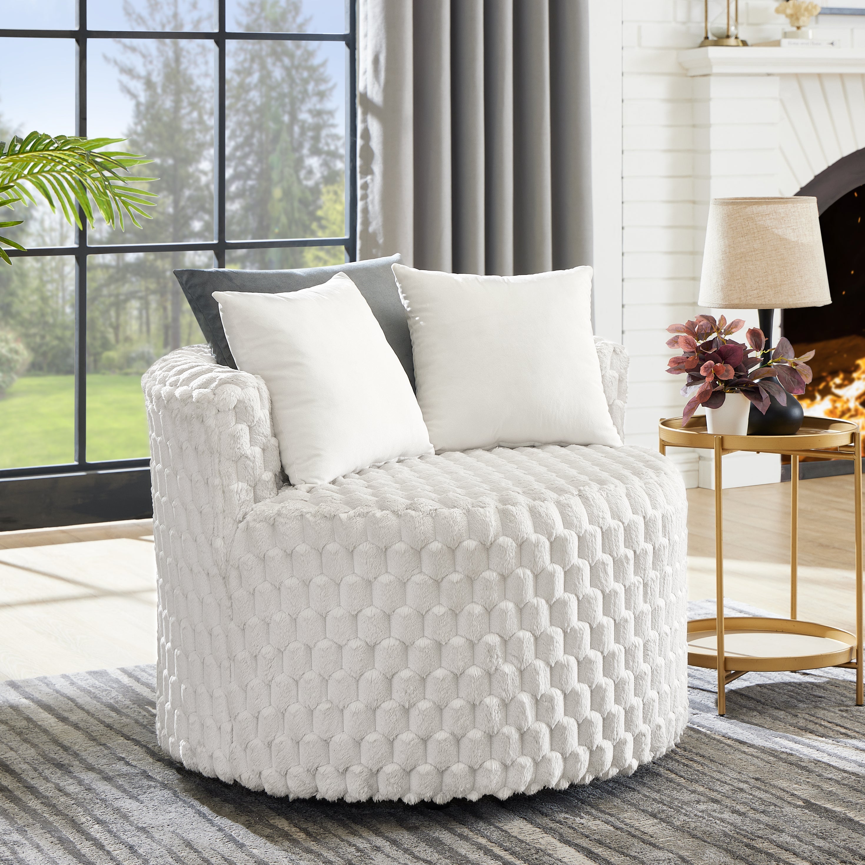 Roundhill Furniture Malna Plush 3D Upholstered Barrel Accent Chair with Wheels in Off White - Modern Rolling Lounge Chair for Living Room, Bedroom or Office