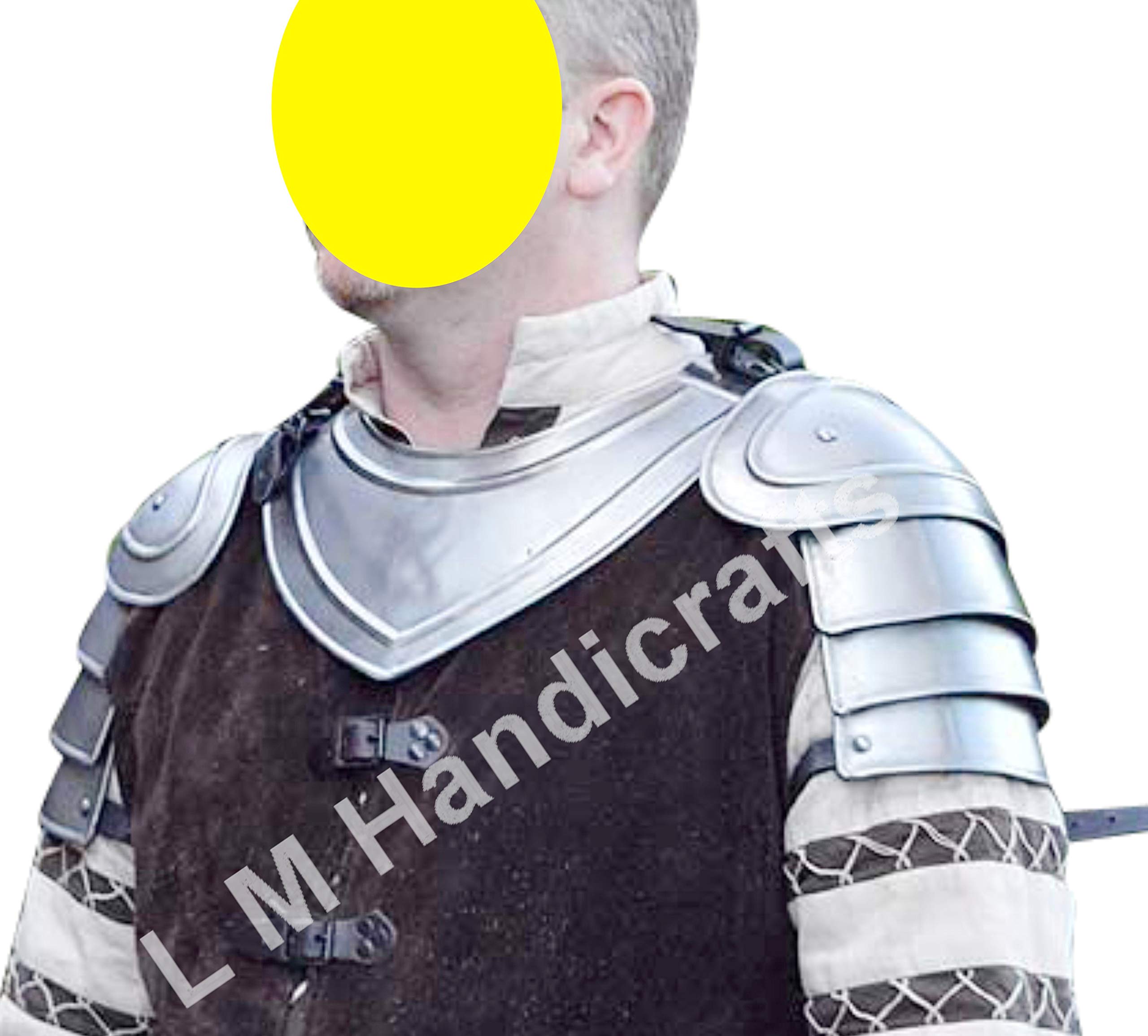 L M Handicrafts Medieval Adam Shoulder & Neck Plates Armor Costume - Silver Burgonet Barbuta Helmet for German Crusader & Spanish Knight Reenactment | Renaissance Fairs, Cosplay & Historical Events