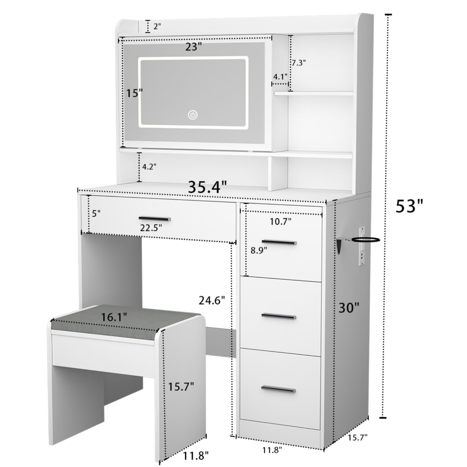 Vanity Desk with Mirror & LED Lights, Chair & 4 Drawers - 3 Adjustable Lighting Modes, Power Outlet & Sliding Mirror - White Bedroom Vanity Table for Makeup & Dressing (Perfect for Small Spaces & Apartment Living)