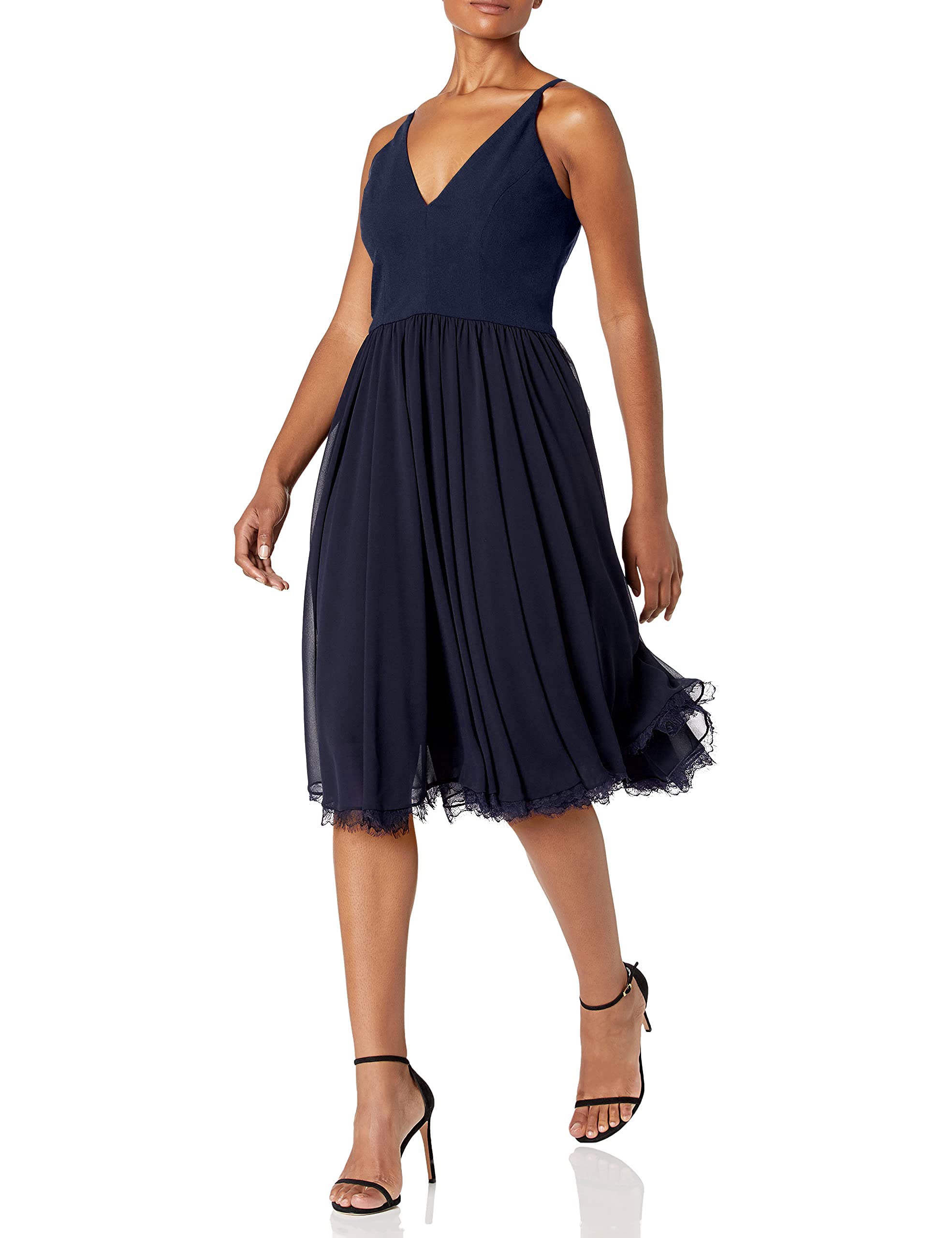 Dress the Population Women's Alicia Plunging Neckline Sleeveless Fit & Flare Midi Dress - Perfect for Cocktail Parties, Date Nights & Special Occasions