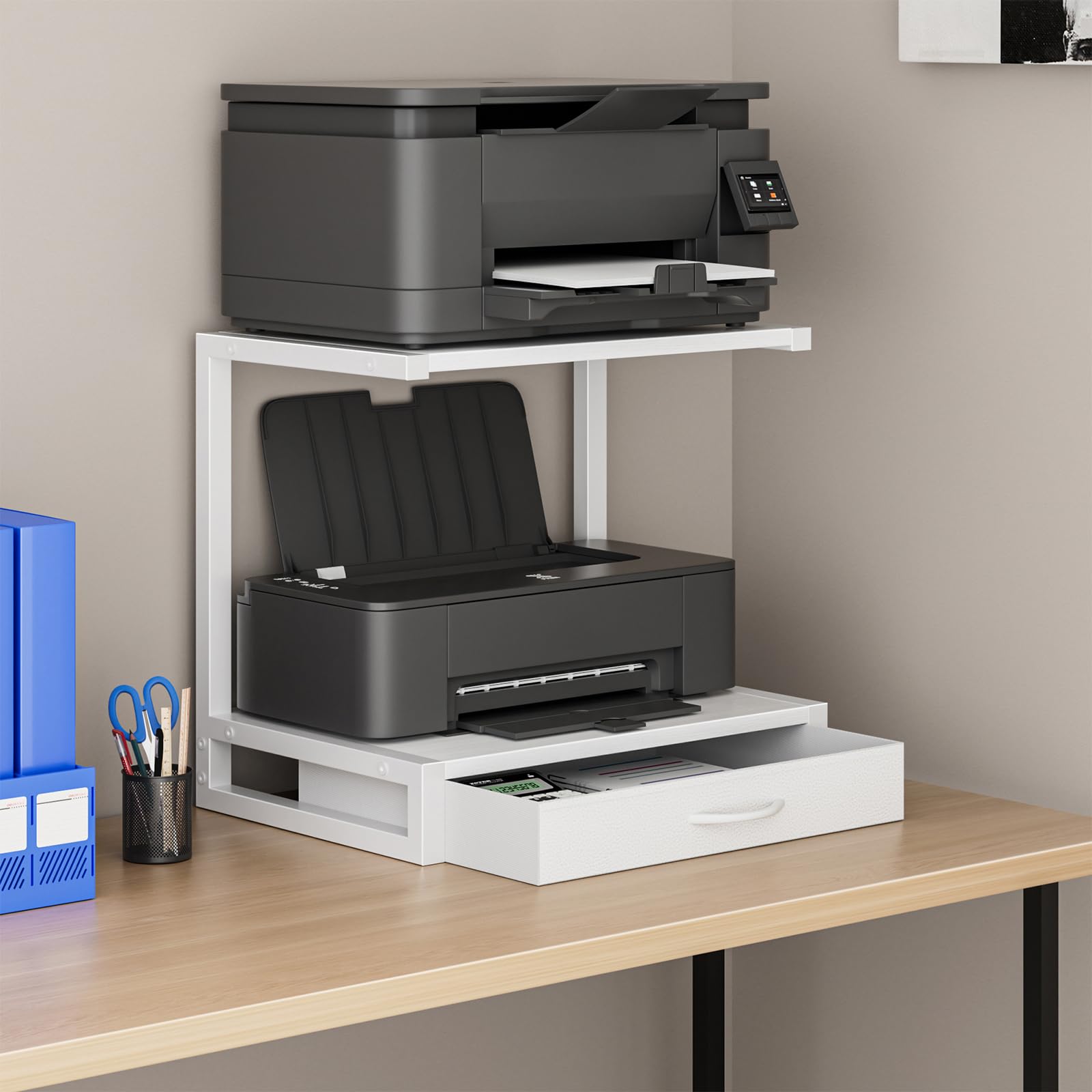 2-Tier Desktop Printer Stand with Fabric Drawer - Home Office Organizer with Storage Shelf for 3D Printer, Fax Machine & Scanner - Space-Saving Desk Accessory (17.3