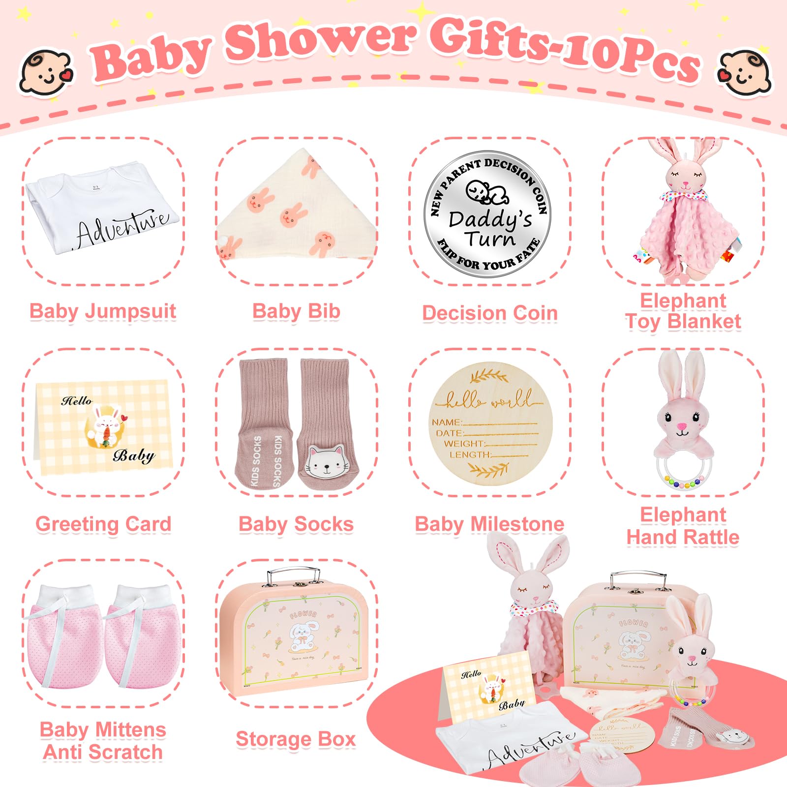 10Pcs Premium Baby Shower Gift Set for Girls - Essential Welcome Baby Girl Gift Basket with Cute Outfits, Blanket & Accessories - Perfect for Newborn Celebrations, Christening & First Birthday Parties