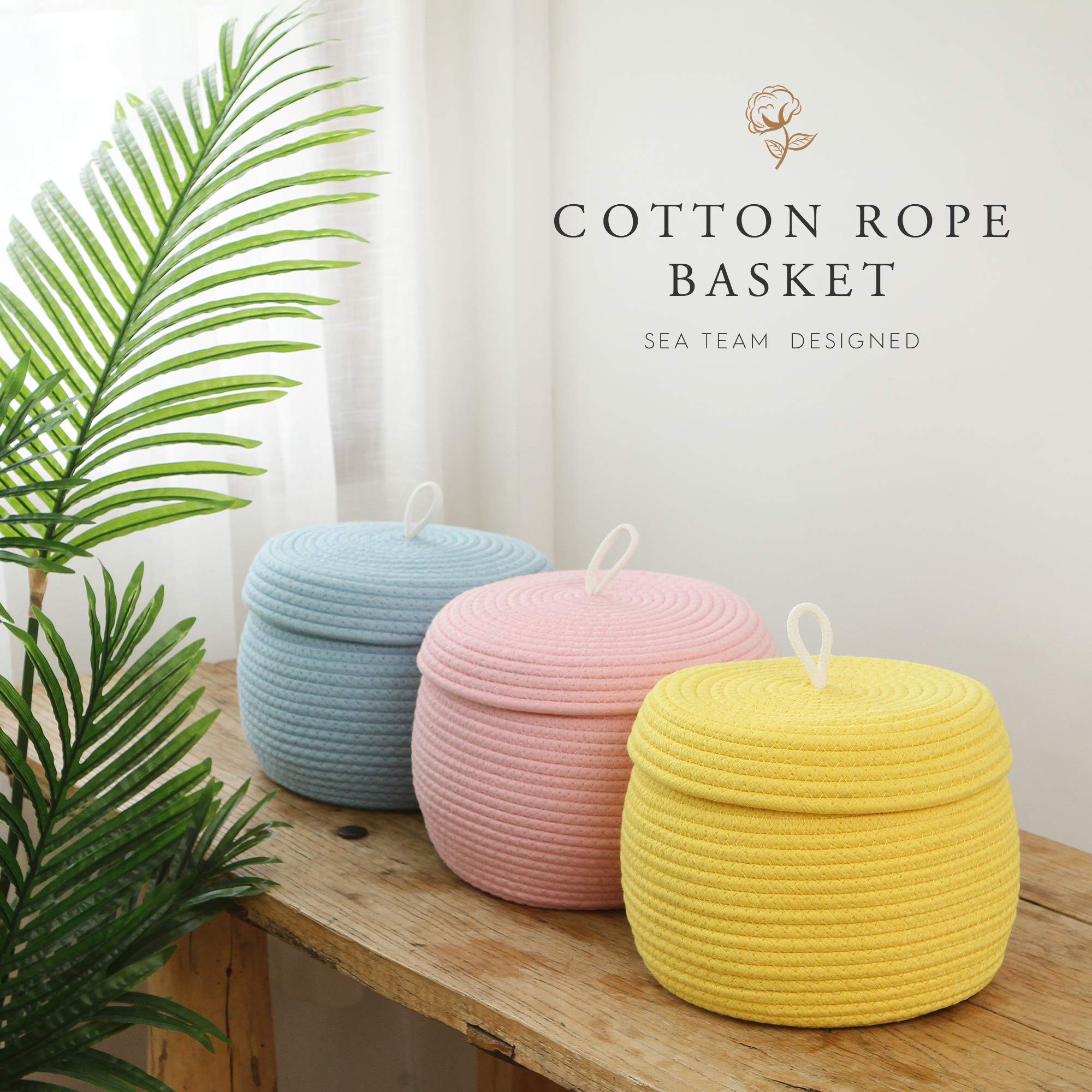 Sea Team Round Cotton Rope Storage Basket with Lid - Decorative Woven Organizer Bin for Home, Nursery & Office - Perfect for Snacks, Towels, Plants & Toys - 10 x 7.5 Inches (Small, Yellow) - Ideal for Living Room, Bedroom & Bathroom Storage
