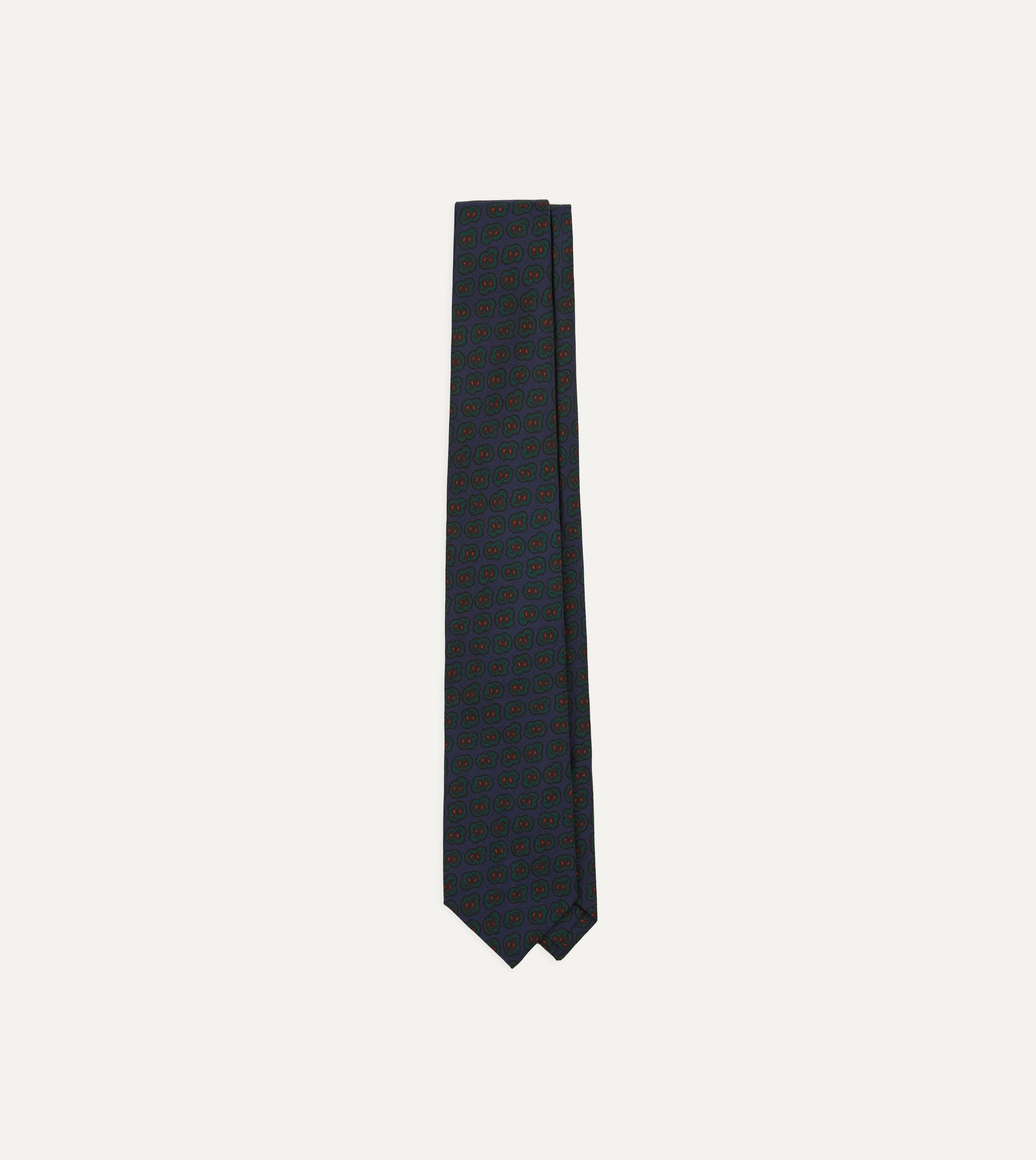 Navy and Green Paisley Double Leaf Print Silk Self Tipped Tie for Men - Elegant Formal Necktie for Weddings, Business Meetings & Special Occasions