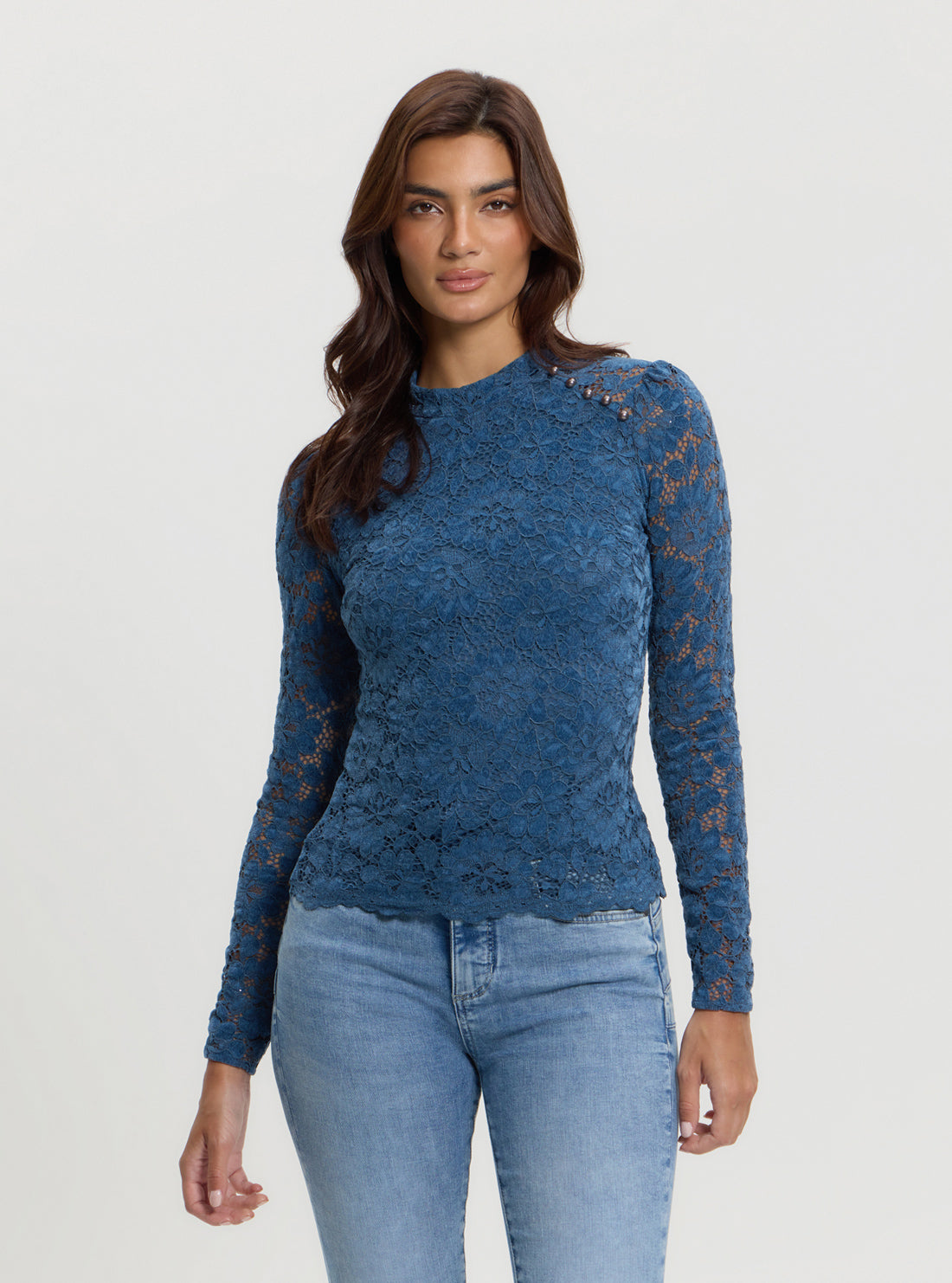 Blue Josephine Lace Top Women's Fashion Blouse - Perfect for Date Night, Parties & Special Occasions