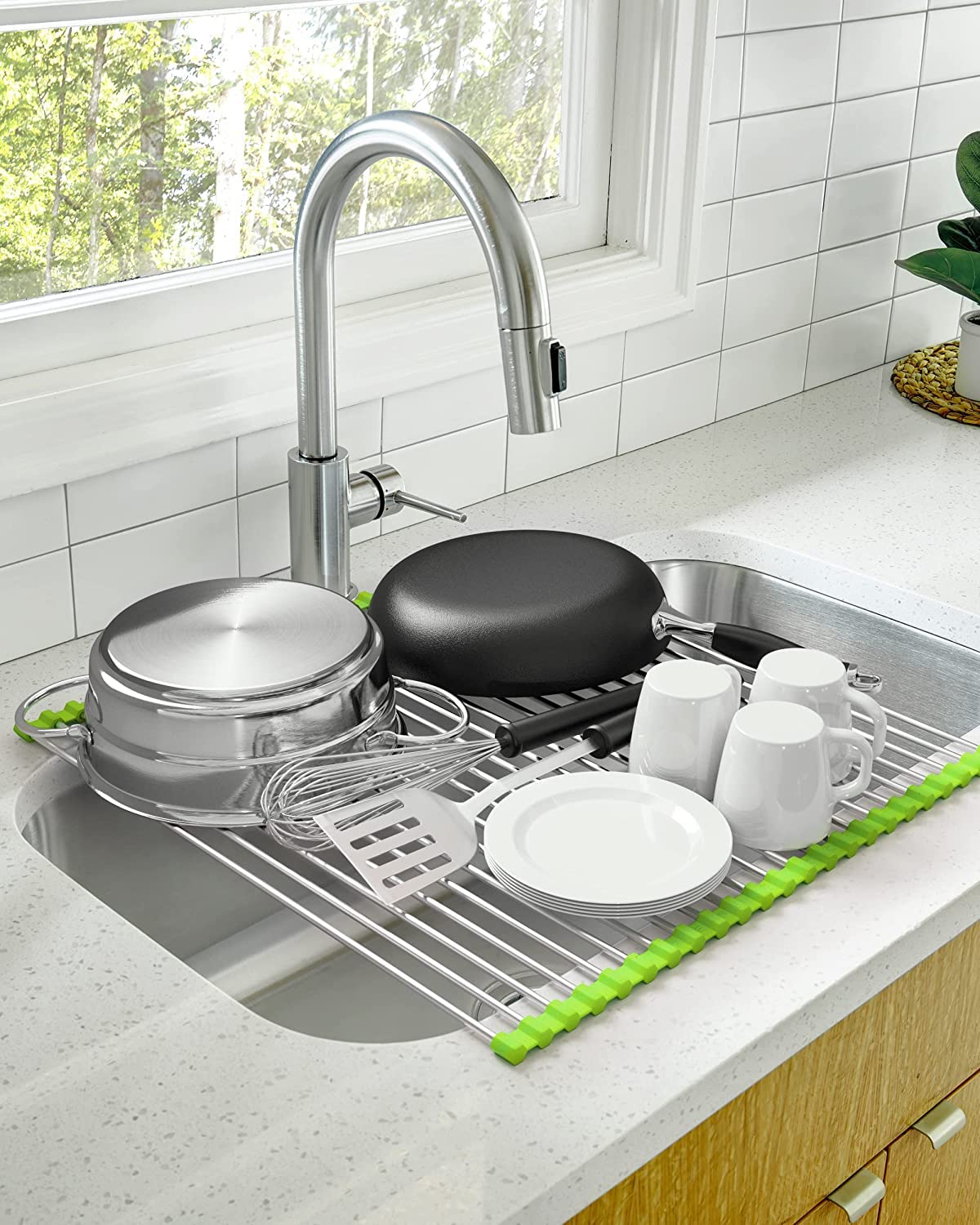 Foldable Stainless Steel Over Sink Dish Drainer - Space Saving Kitchen Utensil & Fruit Vegetable Drying Rack - Perfect for Small Kitchens, RVs & Camping Use