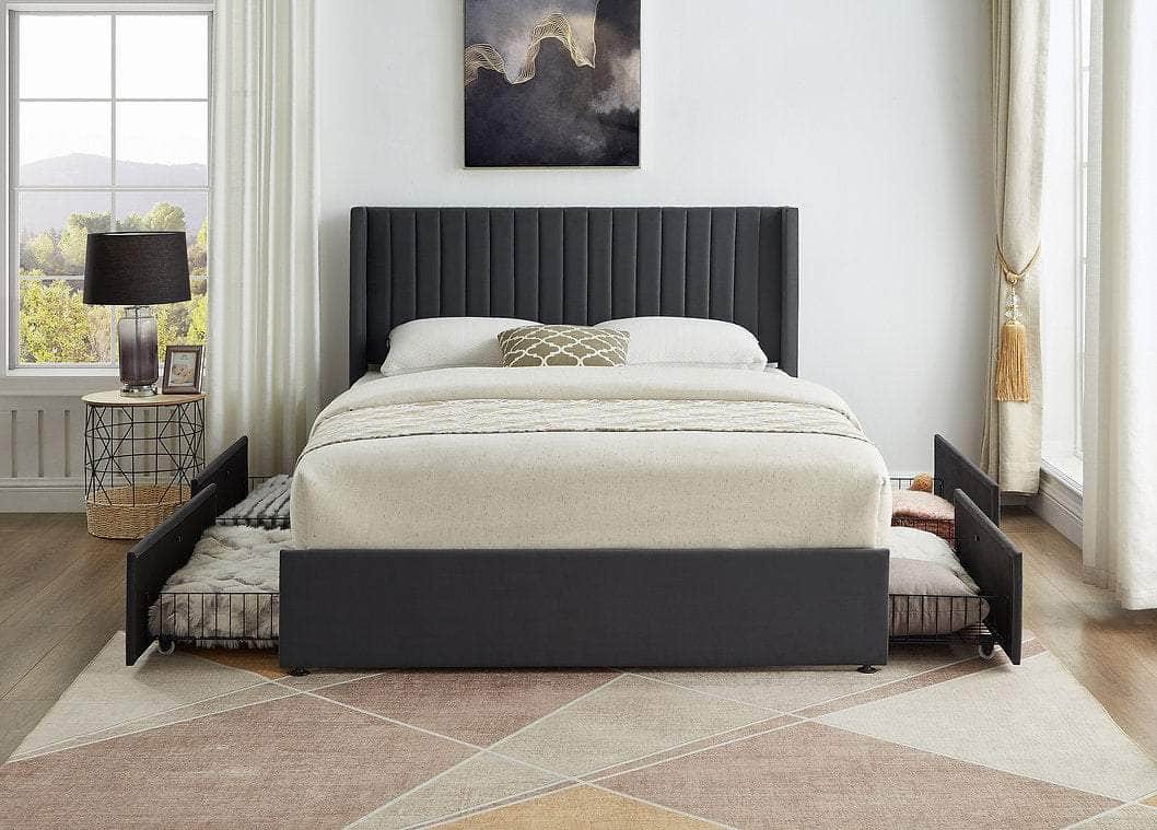 Yorkton Grey Velvet Wingback Platform Bed with 4 Storage Drawers - Queen & King Size - Luxurious Upholstered Bed Frame for Master Bedroom or Guest Room