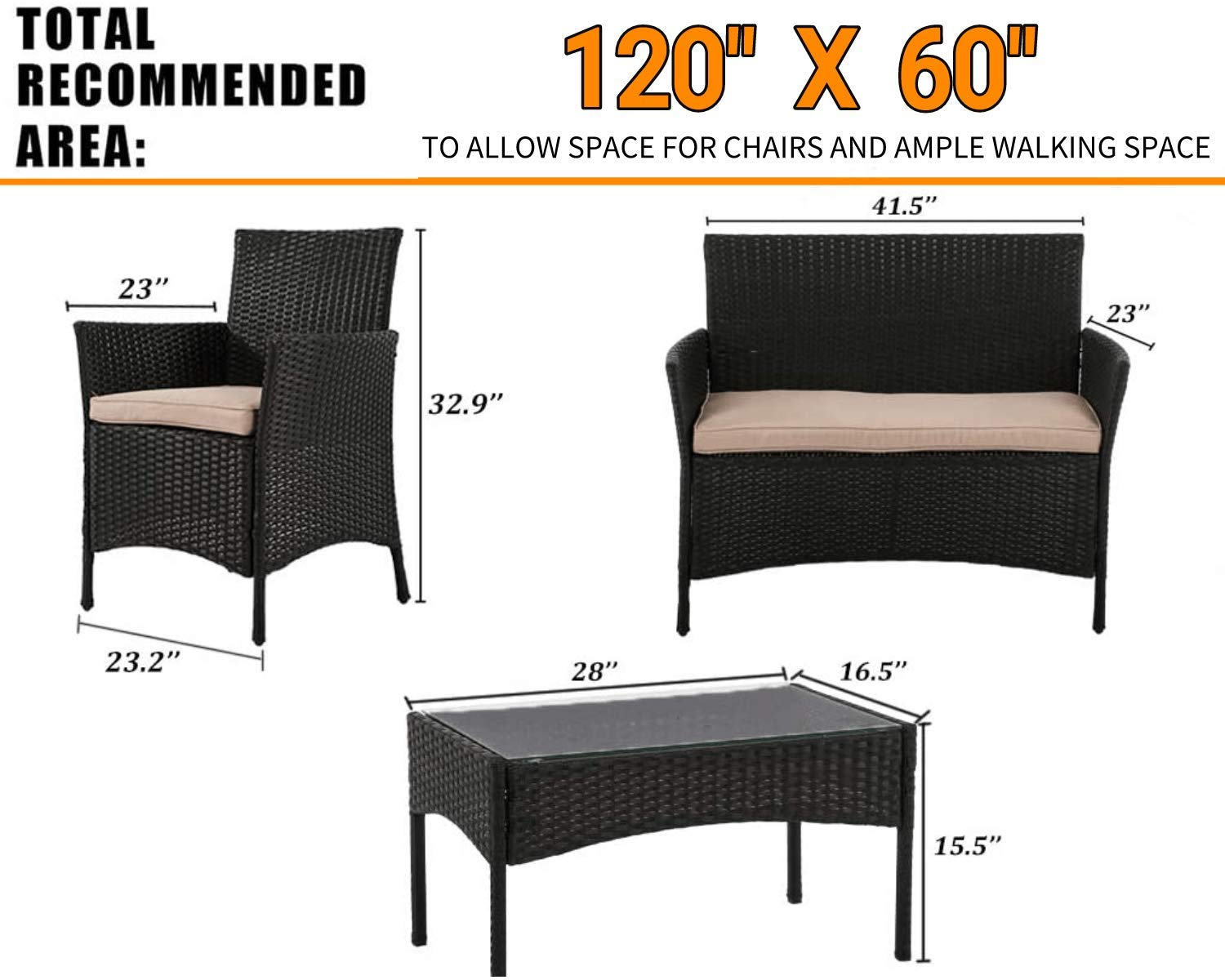 4-Piece Outdoor Patio Conversation Set with Cushions - Rattan Wicker Sofa & Tempered Glass Coffee Table - Perfect for Backyard, Garden, Balcony, Porch & Poolside Relaxation