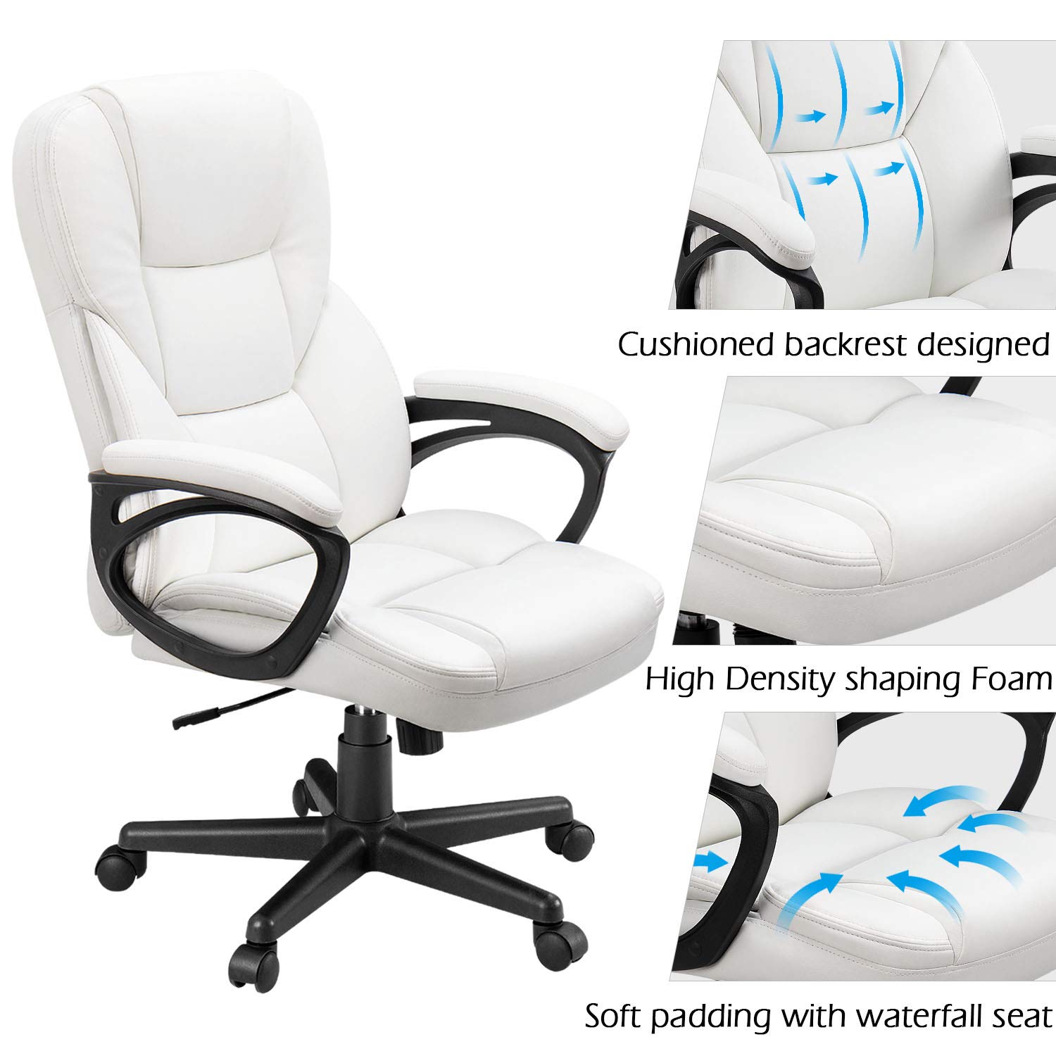 Furmax High Back Executive Office Chair - Adjustable Swivel Desk Chair with Lumbar Support, PU Leather Managerial Computer Chair for Home & Office (White) - Perfect for Long Work Hours, Gaming & Study Sessions