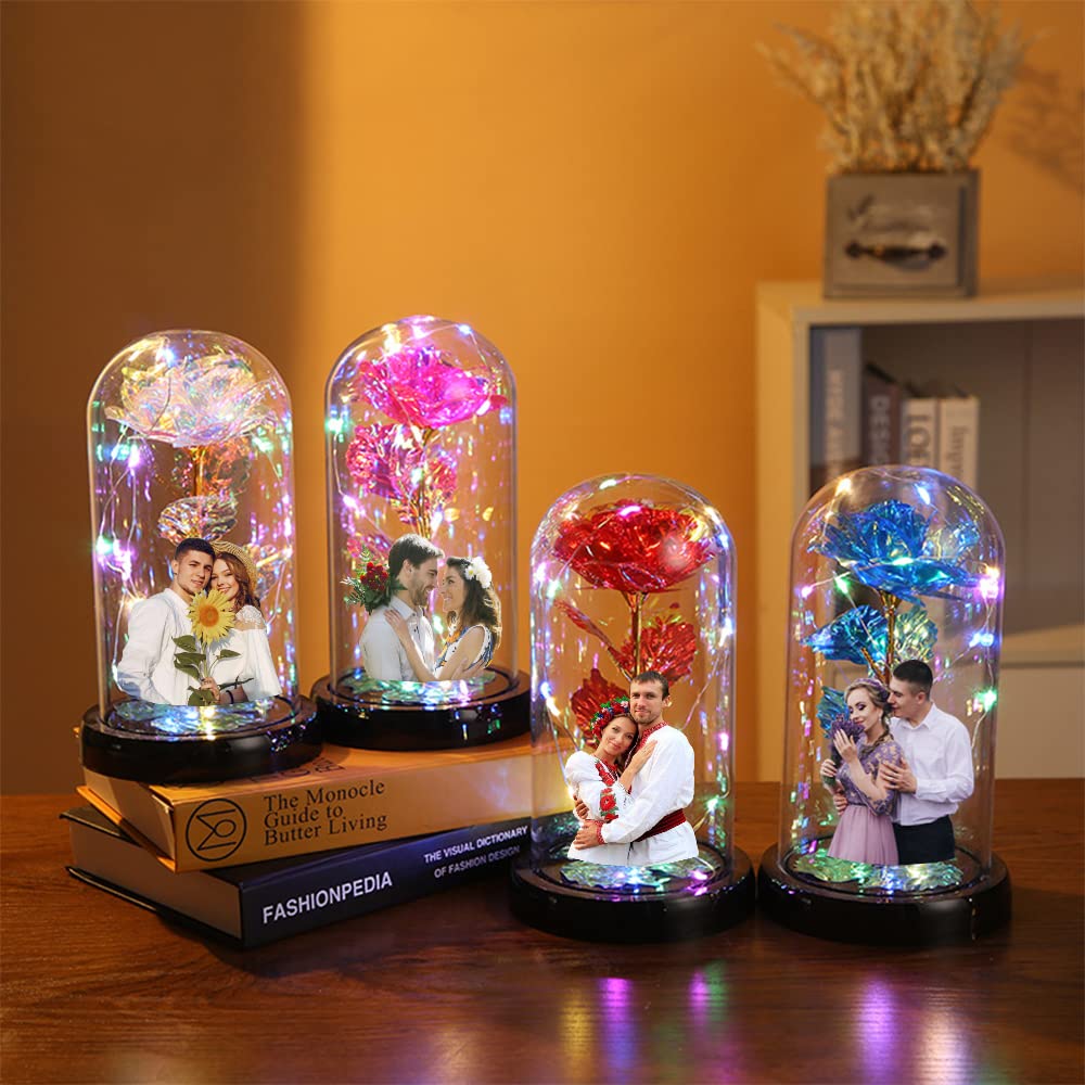 Custom Photo LED Rose in Glass Dome - Personalized Artificial Flower Gift for Women, Valentine's Day, Mother's Day, Birthday & Anniversary - Romantic Home Decor & Special Occasion Present