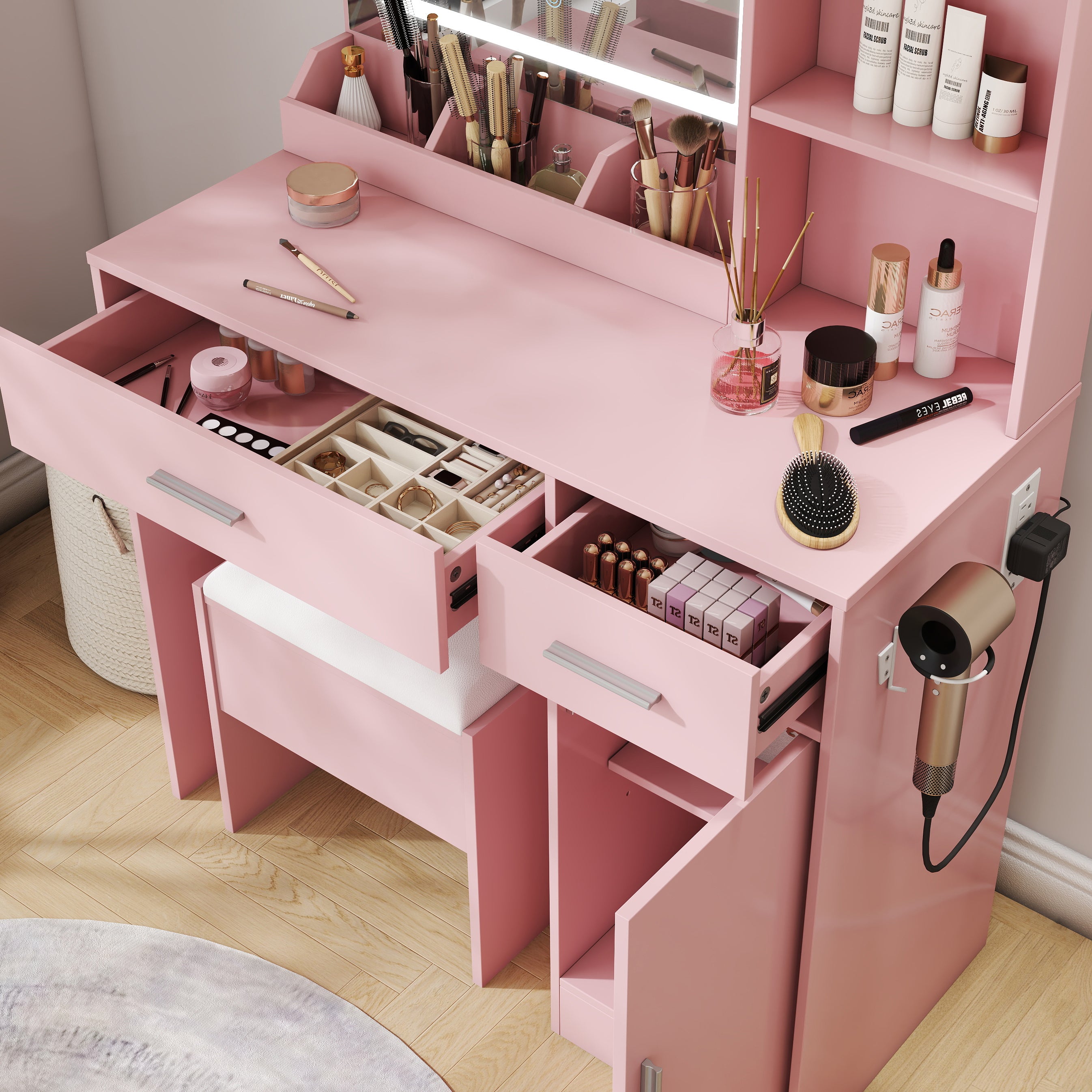 Roundhill Furniture Lavin Makeup Vanity Set with LED Light Mirror & Charging Station - White Vanity Desk & Stool for Bedroom, Dressing Room & Beauty Salon | Modern Makeup Table with Storage & USB Ports