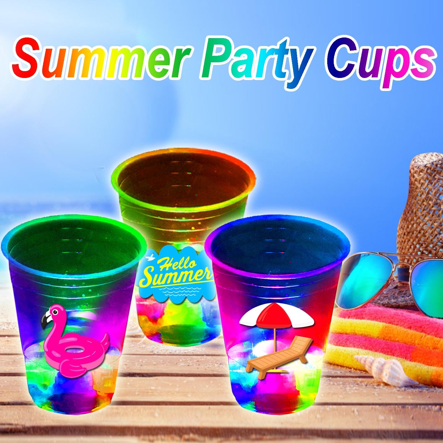 24 Pcs Fun Beach Party Decorations - Glow Theme Cups, Summer Pool Birthday Party Supplies, Tiki Bar Drinkware for Day & Night (16 oz, 24 Patterns) - Perfect for Luau, Pool Parties & Summer Celebrations