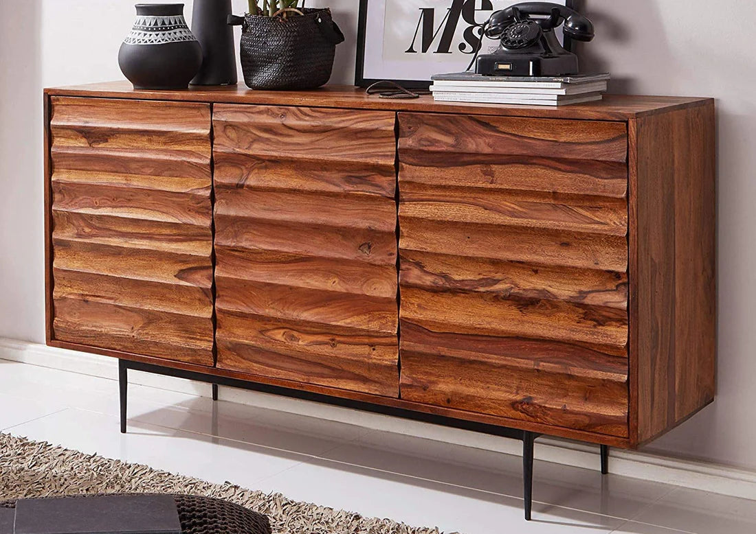 Gfine Solid Sheesham Wood & Iron Sideboard with 3 Doors - 147x38x81cm - Stylish Storage Cabinet for Living Room, Dining Room, or Entryway