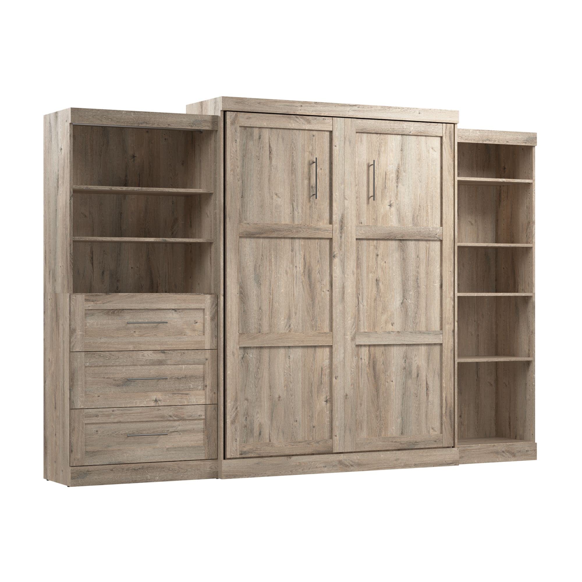Bestar Pur Murphy Wall Bed with 2 Shelving Units - Space-Saving Queen Size Storage Bed with Built-in Closet Organizers in Rustic Brown - Perfect for Small Apartments, Guest Rooms & Studio Living Spaces