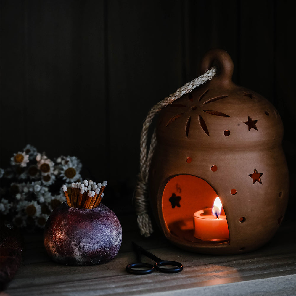Round Terracotta Lantern - Handmade Clay Hanging Light for Outdoor Garden Patio Decor - Perfect for Boho Wedding Backyard Party Lighting