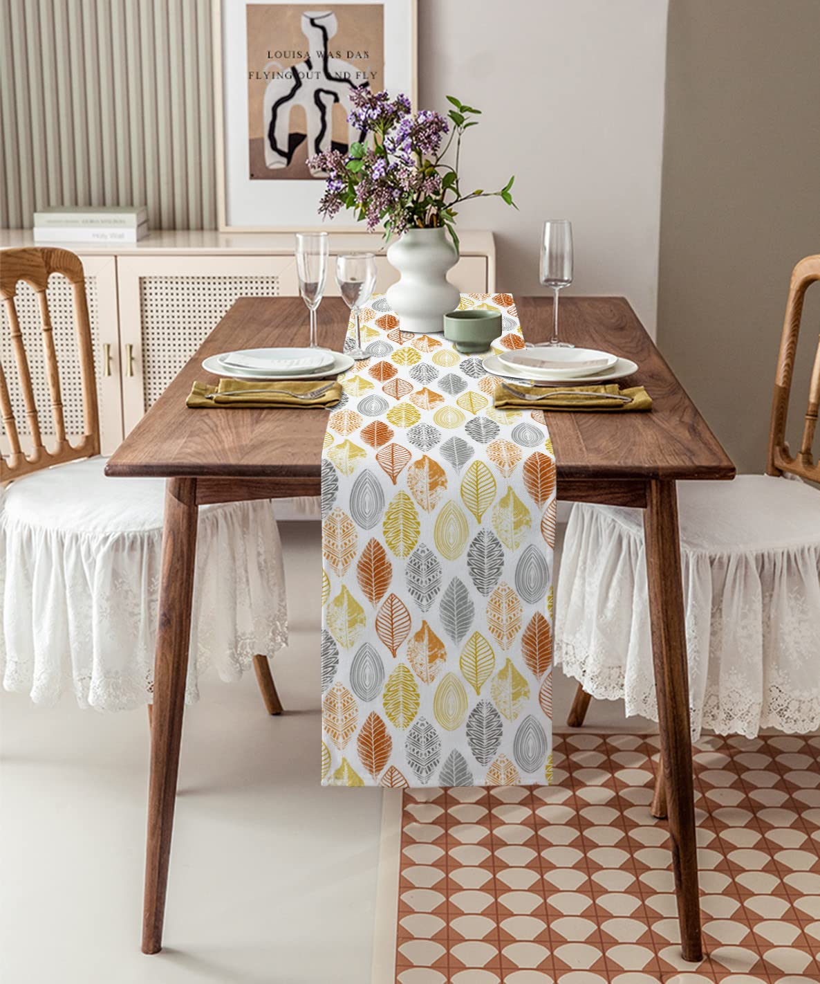 Cotton Linen Table Runner 72 Inch - Farmhouse Kitchen Dining Table Decor with Orange Yellow Grey Leaf Pattern, Coffee Table Scarf for Summer Fall Wedding Party Banquet Home Decor | Perfect for Farmhouse, Rustic, and Boho Style Dining Tables