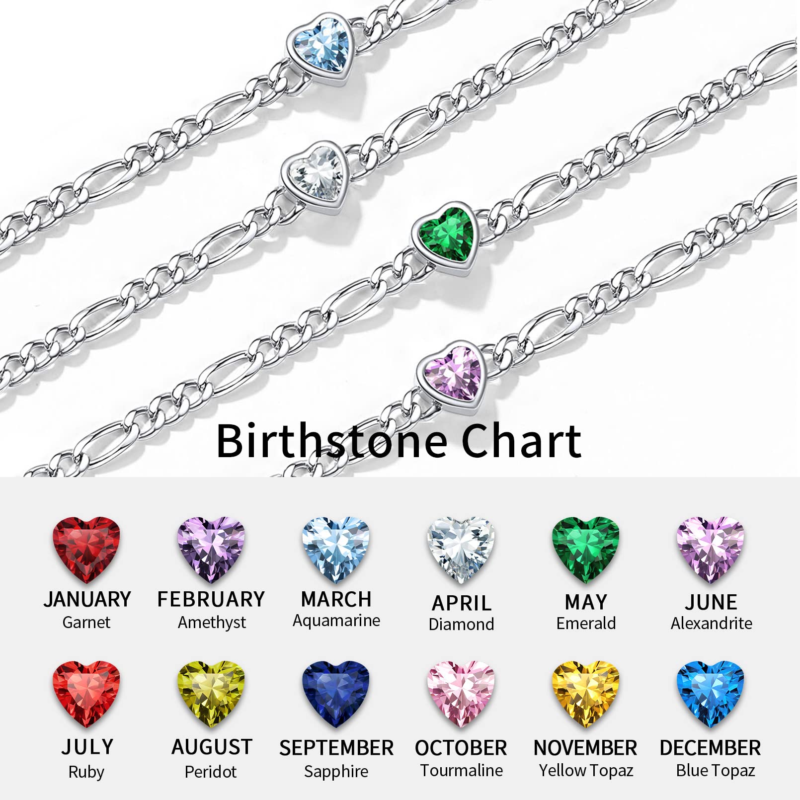 ChicSilver 925 Sterling Silver Heart Birthstone Figaro Chain Anklet for Women - Dainty Summer Beach Ankle Bracelet with Gift Box | Perfect for Casual Wear, Vacation & Everyday Jewelry