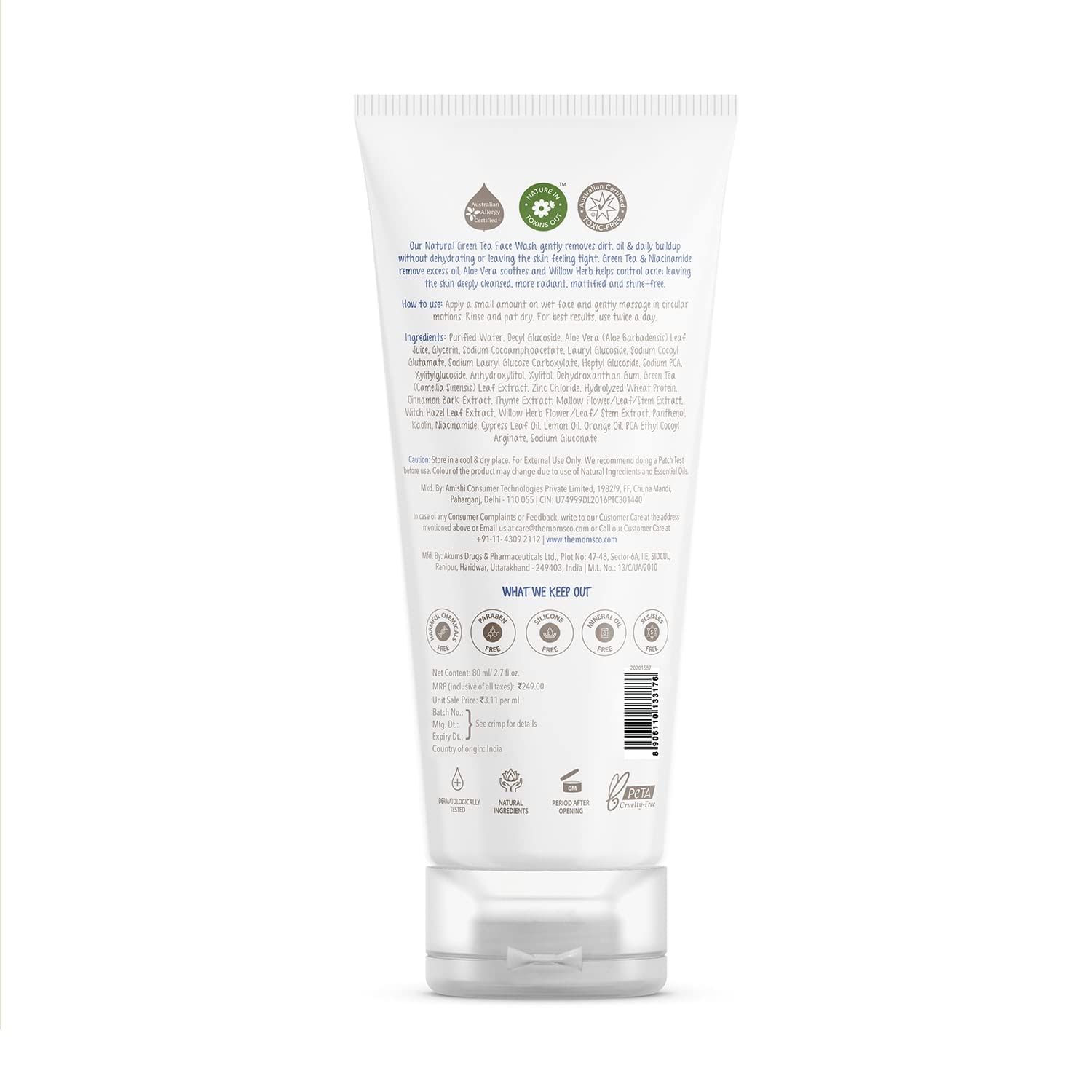 The Moms Co. Natural Green Tea Face Wash with Aloe Vera & Niacinamide - Anti Acne Cleanser for Oily Skin | Soap-Free Gel Formula | Hydrates & Soothes Skin | 80ml | Perfect for Daily Skincare & Acne-Prone Skin
