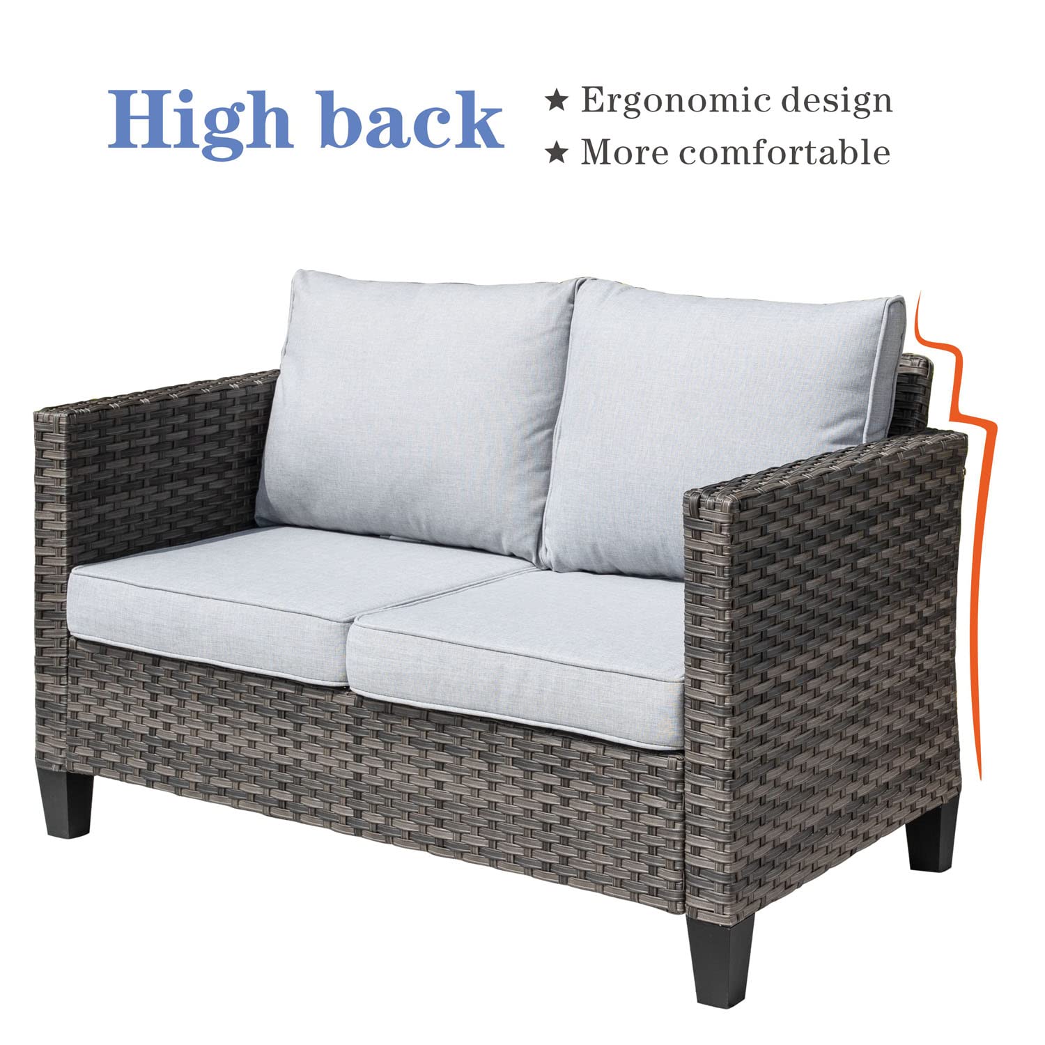 Outdoor Wicker Loveseat Sofa 2-Seater All-Weather Rattan Patio Furniture with High Back & Cushions - Grey - Perfect for Garden, Deck, Porch & Backyard Relaxation