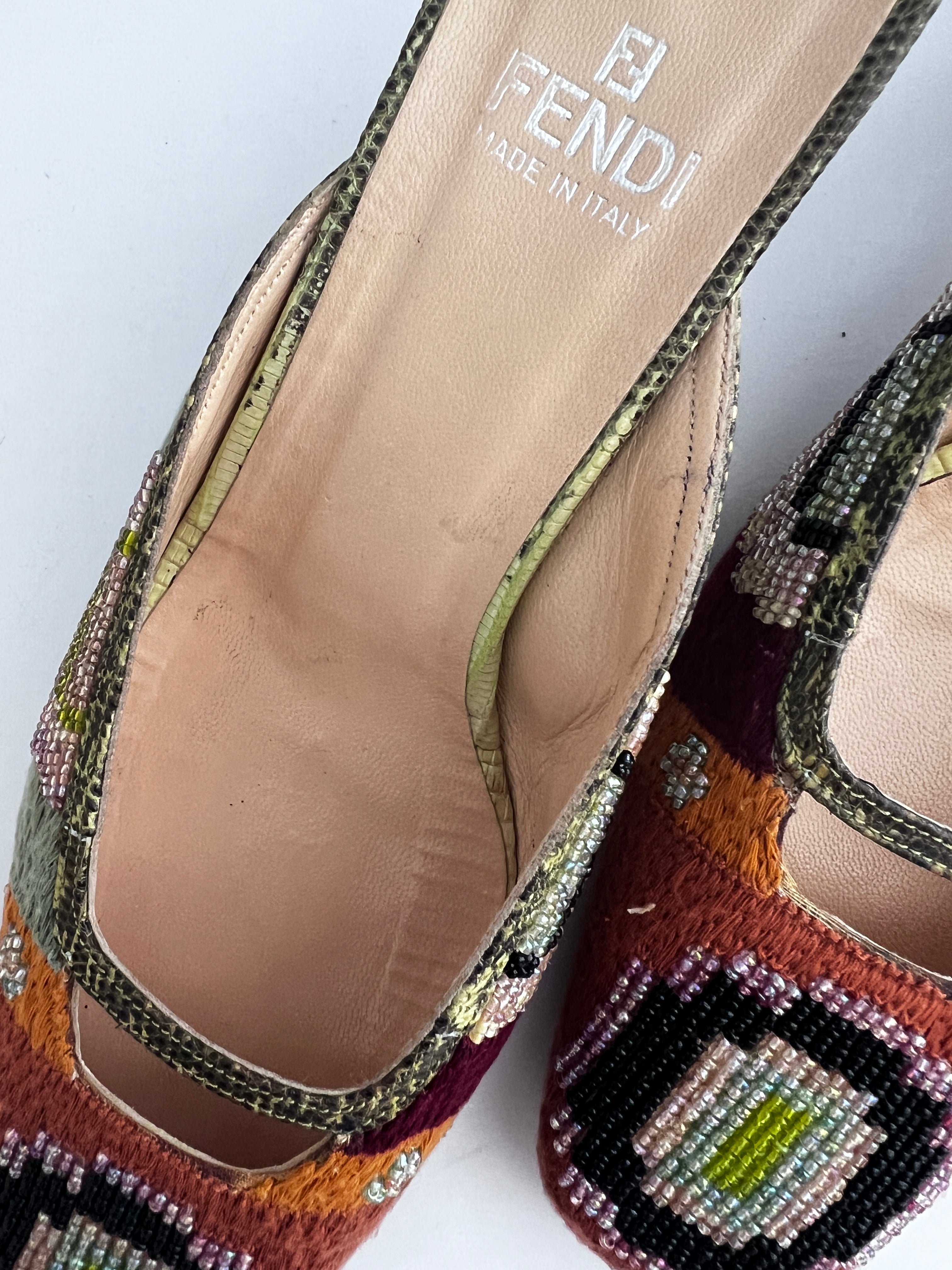 Vintage Fendi Boho Beaded Mule Heels - Women's Bohemian Style Sandals for Summer Weddings & Beach Vacations