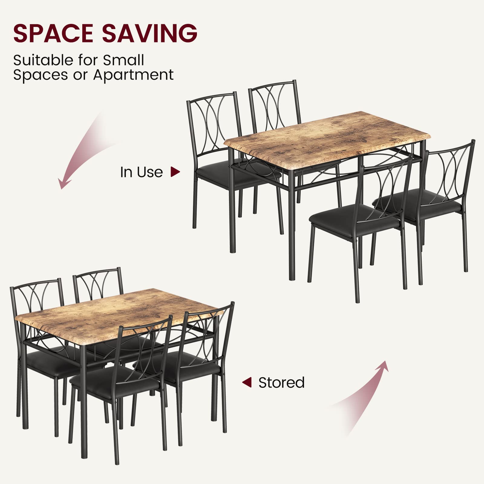 5-Piece Retro Brown Dining Table Set for 4 - Rectangular Kitchen Table with Upholstered Chairs - Perfect for Small Spaces & Apartments | Ideal for Family Meals, Breakfast Nooks & Compact Dining Areas