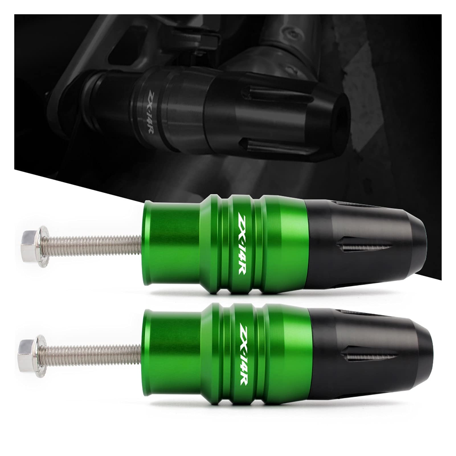 KAWASAKI ZX14R ZZR1400 Ninja Motorcycle Frame Sliders - CNC Crash Protector Pads, Exhaust Sliders & Fairing Side Protectors (Green) - Essential Protection for Track Days & Street Riding