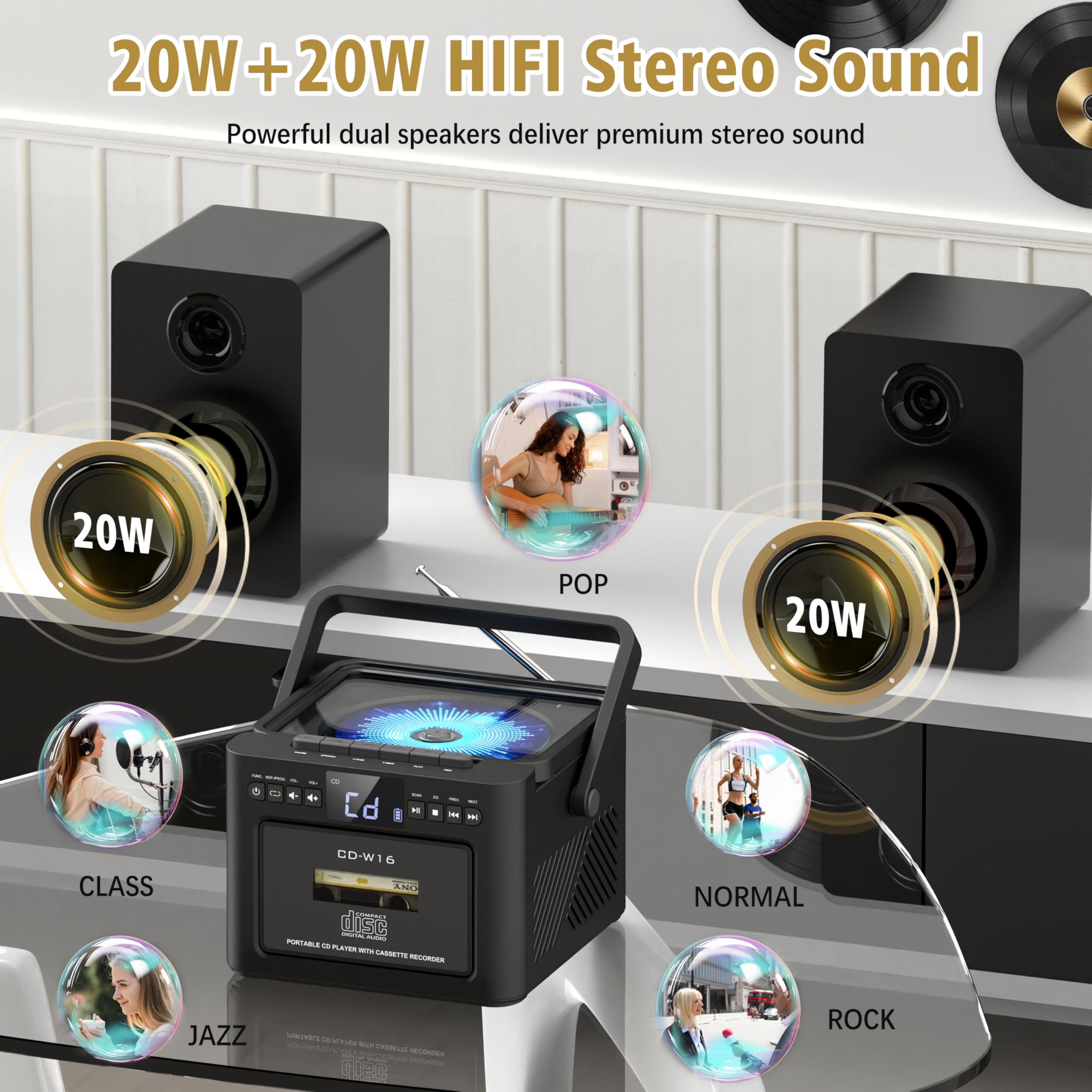 Bluetooth 5.1 Bookshelf Stereo System with Cassette & CD Player - 40W Powerful Speakers, FM Radio, Tape Recording, LCD Display, USB/AUX, Remote Control - Perfect for Home, Office & Retro Music Lovers