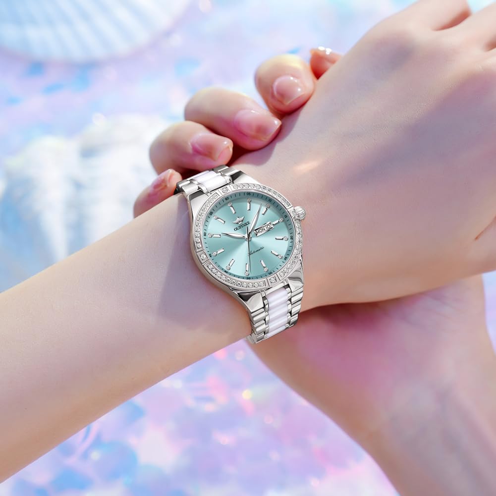 OUPINKE Luxury Automatic Women's Watch with Diamond Bezel, Self-Winding Stainless Steel, Sapphire Crystal & Ceramic Band - Elegant Dress Watch for Women, Perfect for Business, Parties & Special Occasions
