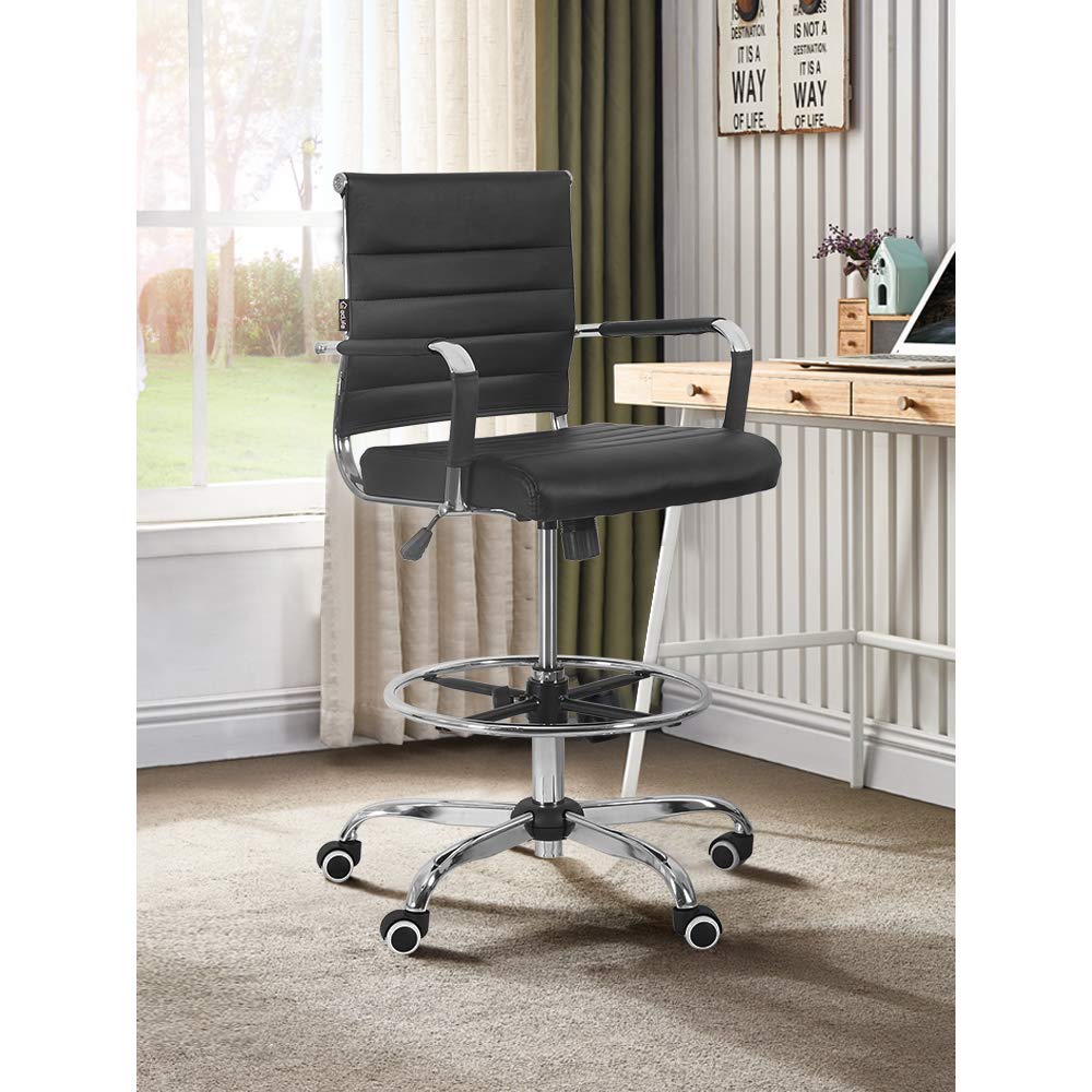 Ergonomic Drafting Chair with Adjustable Footrest & PU Armrests - Swivel Rolling Office Chair for Computer Work, Desk Tasks & Home Office - Black