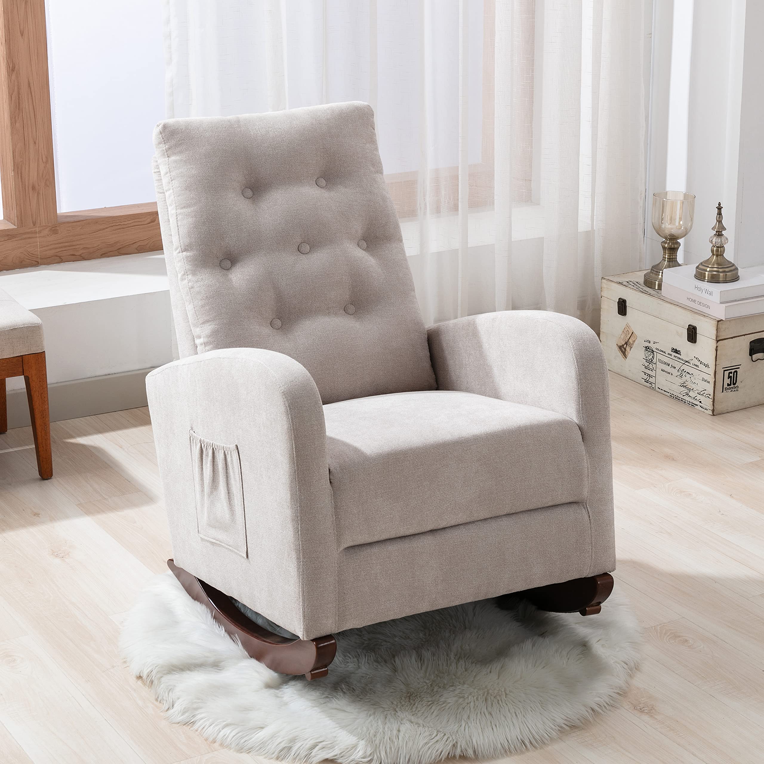 Modern Nursery Rocking Chair - High Back Cushioned Glider Recliner for Baby Room, Comfortable Accent Chair for Living Room & Nursery - Tan - Perfect for Breastfeeding, Reading Nook & Relaxing with Baby