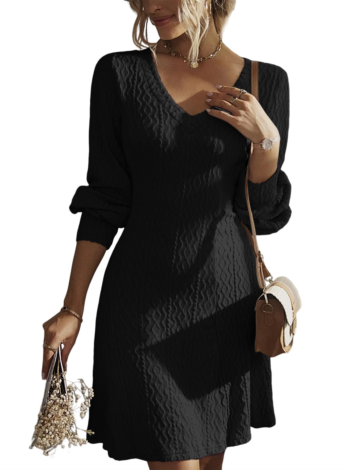 Trendy 2025 Spring V-Neck Knit Sweater Dress for Women | A-Line Long Sleeve Work Dress by Dokotoo | Perfect for Office, Business Meetings & Professional Events