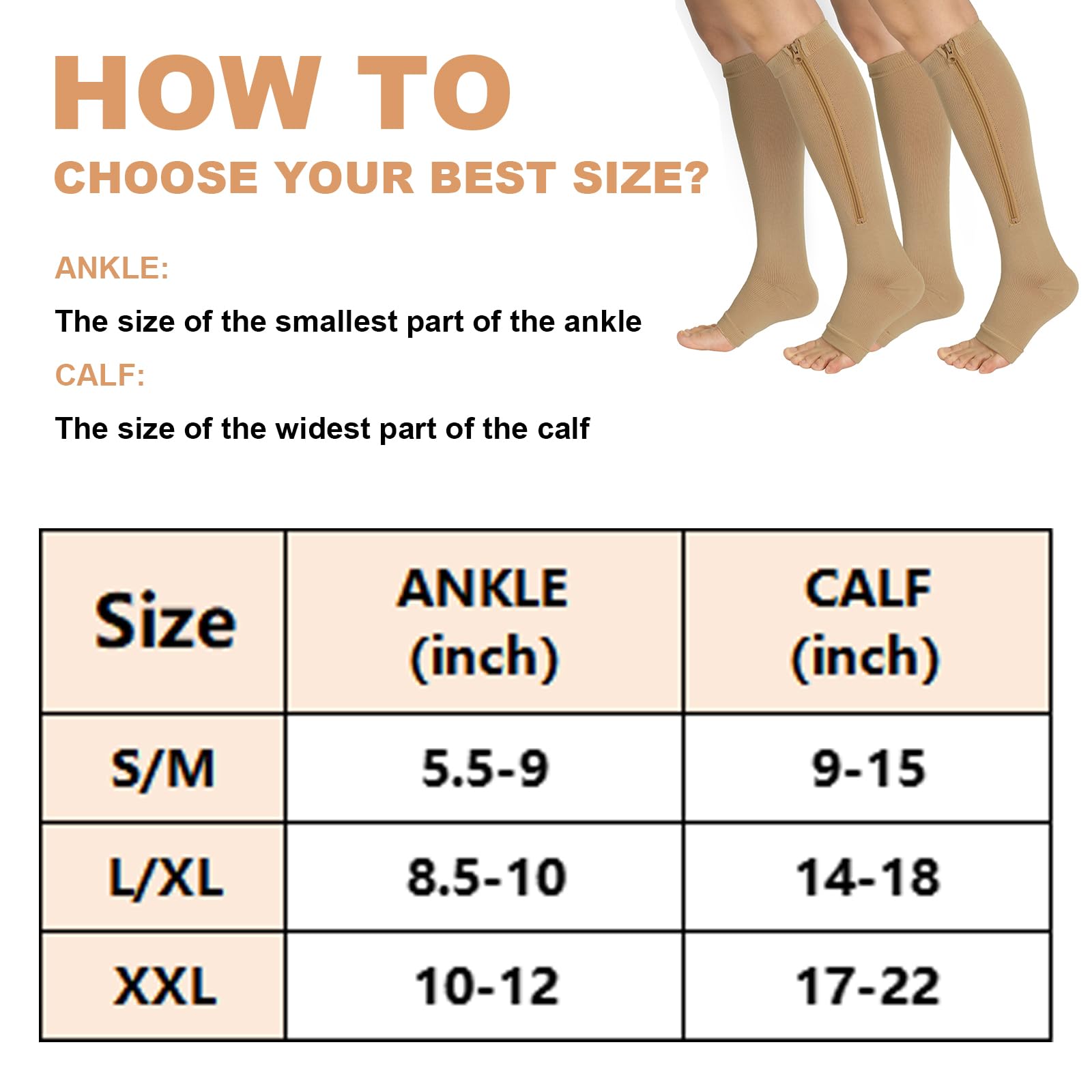 Ktinnead 2 Pairs Zipper Compression Socks for Women & Men - Medical Grade Support for Running, Travel & Varicose Veins Relief