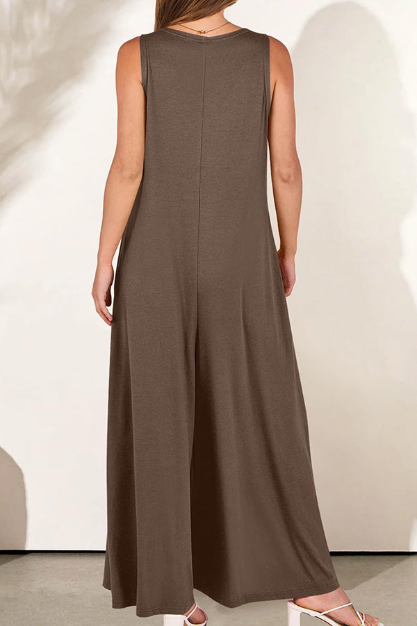 Solid Color V-Neck Sleeveless Loose Pocket Wide Leg Jumpsuit for Women - Casual Summer Outfit, Beach Cover Up, Vacation Wear