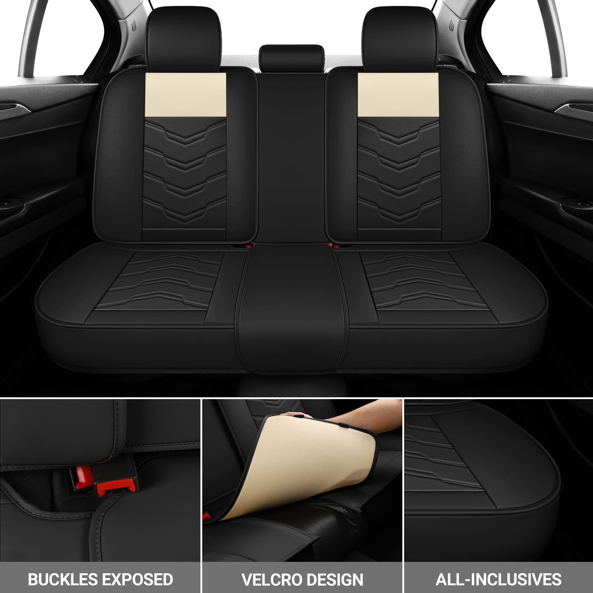 Premium 5-Piece AOOG Leather Car Seat Covers Set - Breathable Faux Leatherette, Non-Slip Waterproof Seat Protectors for Sedans, SUVs & Trucks | Airbag Compatible Beige & Black | Perfect for Daily Commute, Road Trips & Family Travel