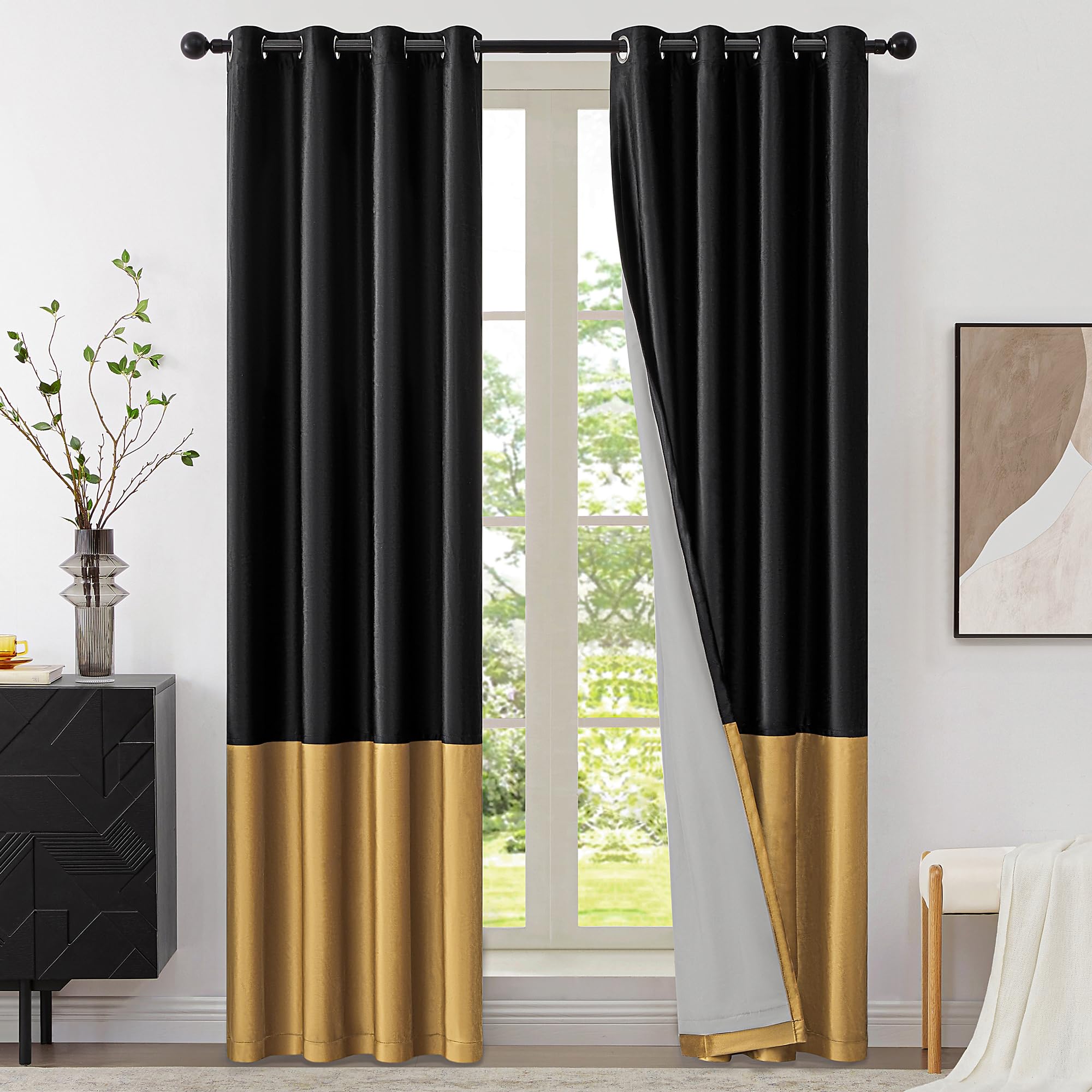 BULBUL Black Gold 100% Blackout Velvet Curtains - 84 Inch Thermal Insulated Drapes with Grommet Top, Set of 2 Panels for Living Room & Bedroom - Perfect for Home Theater, Nursery & Light-Sensitive Sleepers