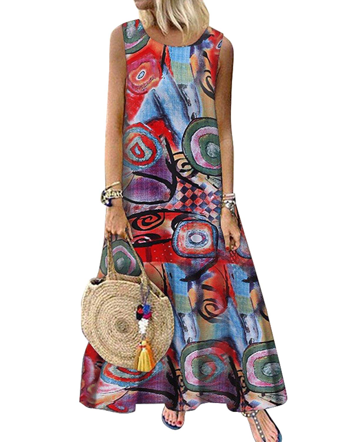 SunnyMe Women's Sleeveless Bohemian Maxi Dress - Flowy Loose Long Caftan Summer Dress for Beach, Vacation & Casual Wear