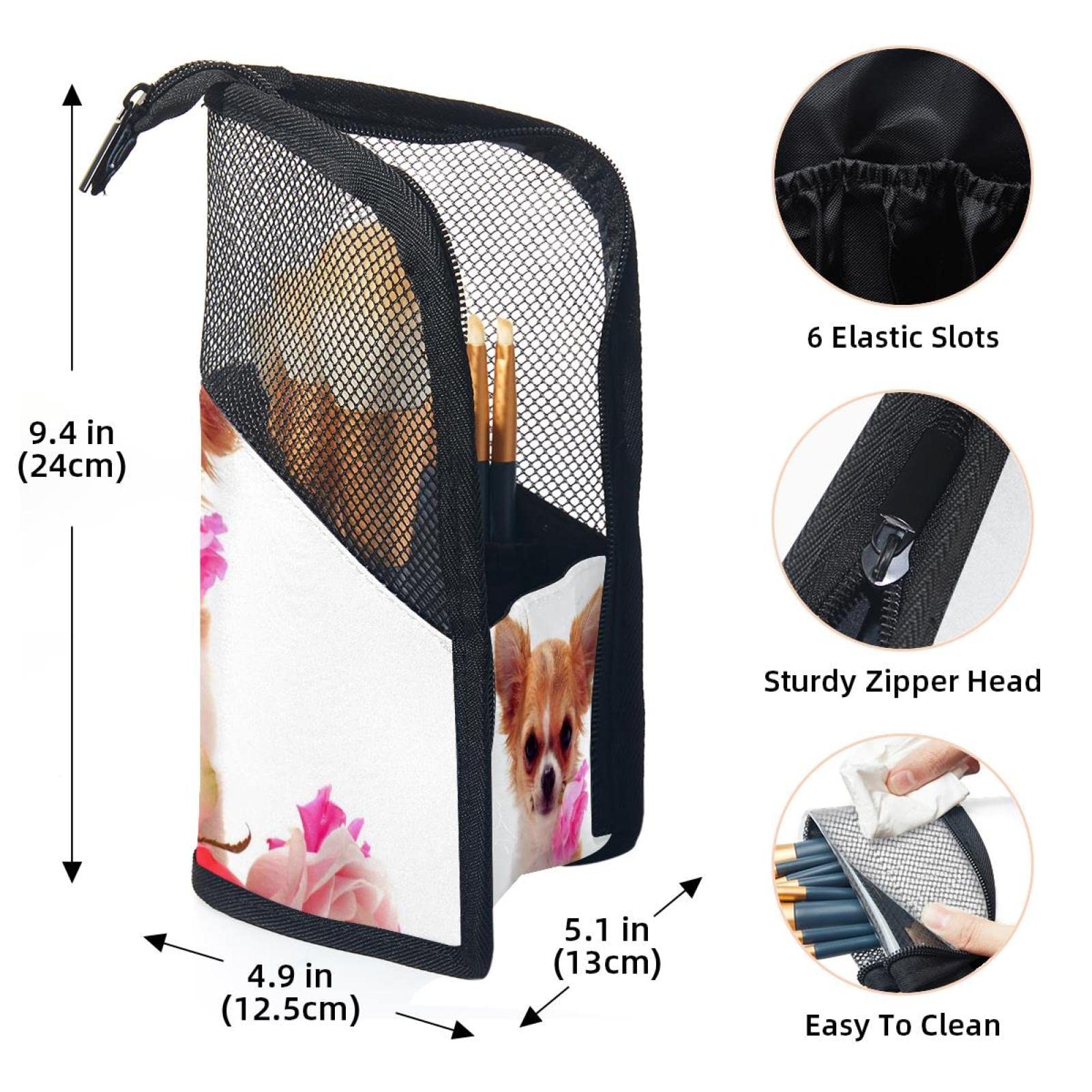 Premium 12-Piece Makeup Brush Organizer Bag with Chihuahua & Rose Design - Portable Makeup Brush Holder Case for Travel, Home Vanity & Professional Makeup Artists