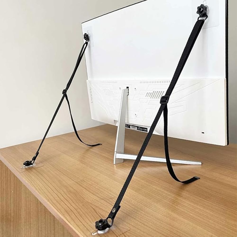 2 Pack No-Drill TV Safety Straps - Heavy Duty Anti-Tip Furniture Anchors for Flat Screens, Wall Mounting, Cabinets & Desks - Adjustable Adhesive TV Wall Mount (Black) - Perfect for Childproofing & Earthquake Safety in Living Rooms, Bedrooms & Offices