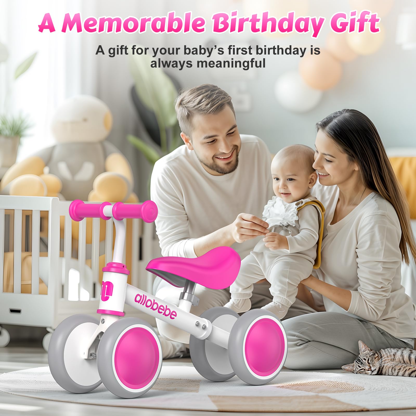 Allobebe Baby Balance Bike for Toddlers 12-36 Months - Adjustable Seat, Silent 3 Wheels, First Bike Gift for 1 Year Old Girls & Boys - Perfect for Learning to Walk, Run & Ride Indoors/Outdoors
