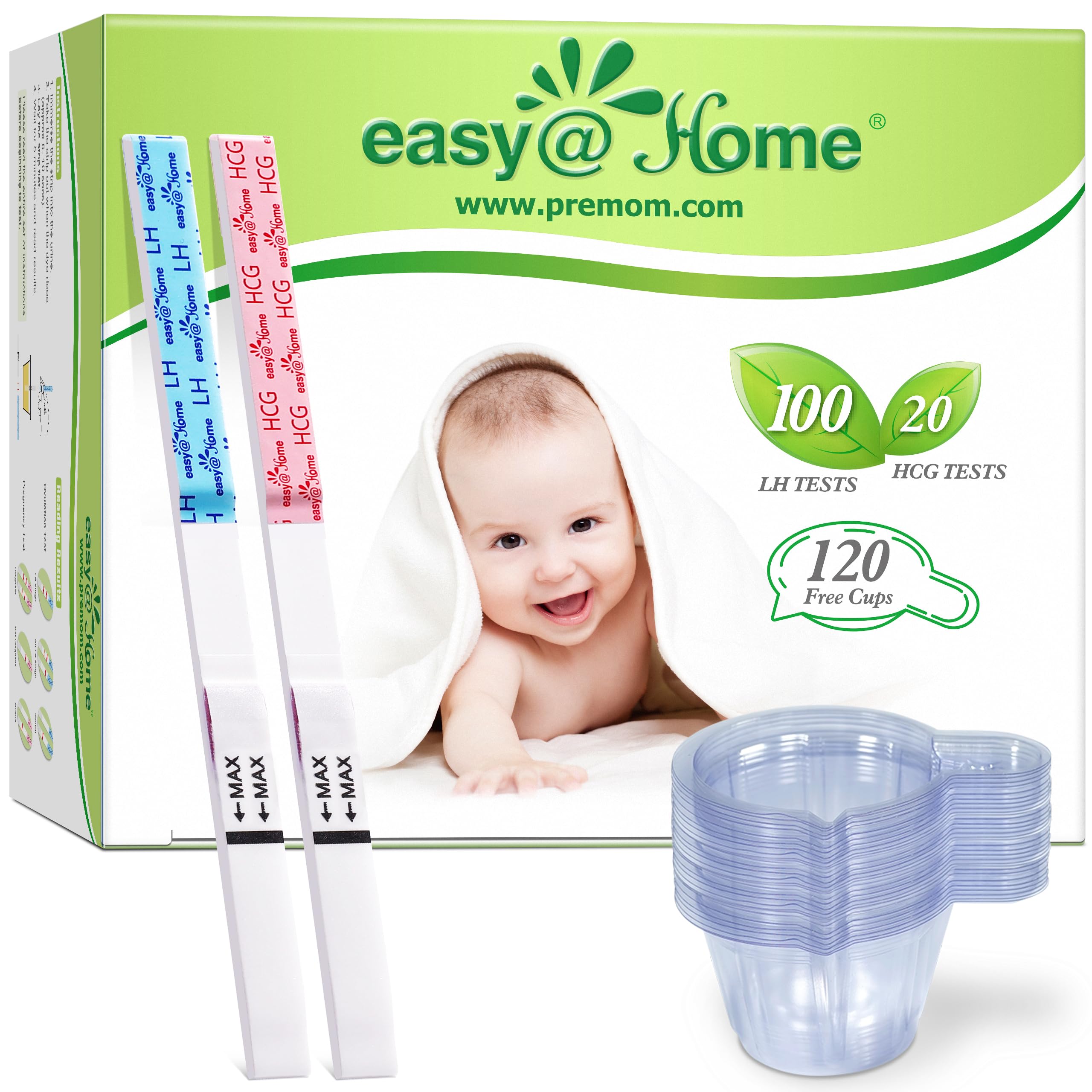 Easy@Home 100 Ovulation & 20 Pregnancy Test Strips with Cups - Accurate Fertility Predictor Kit for Women | LH & HCG Hormone Testing | TTC, Conception Tracking & Family Planning | Home Use & Doctor Recommended