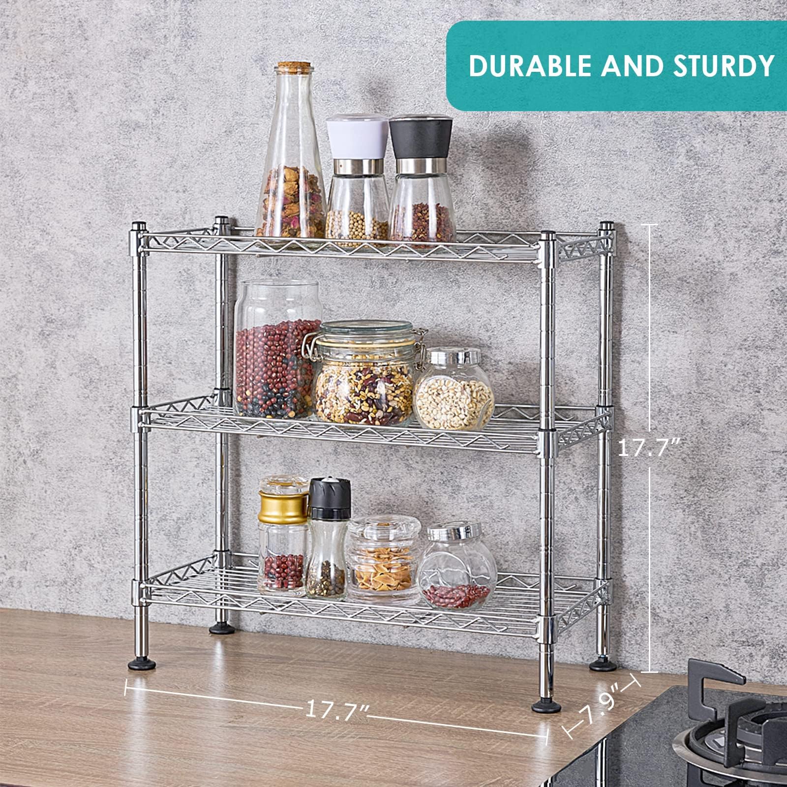 3-Tier Adjustable Metal Wire Shelf - Heavy Duty 200Lbs Capacity Storage Rack with Leveling Feet (8