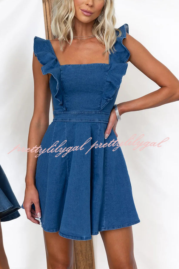 Sweet Secret Women's Denim Square Neck Ruffle Sleeve Stretch Mini Dress - Casual Summer Outfit for Date Night & Beach Vacation