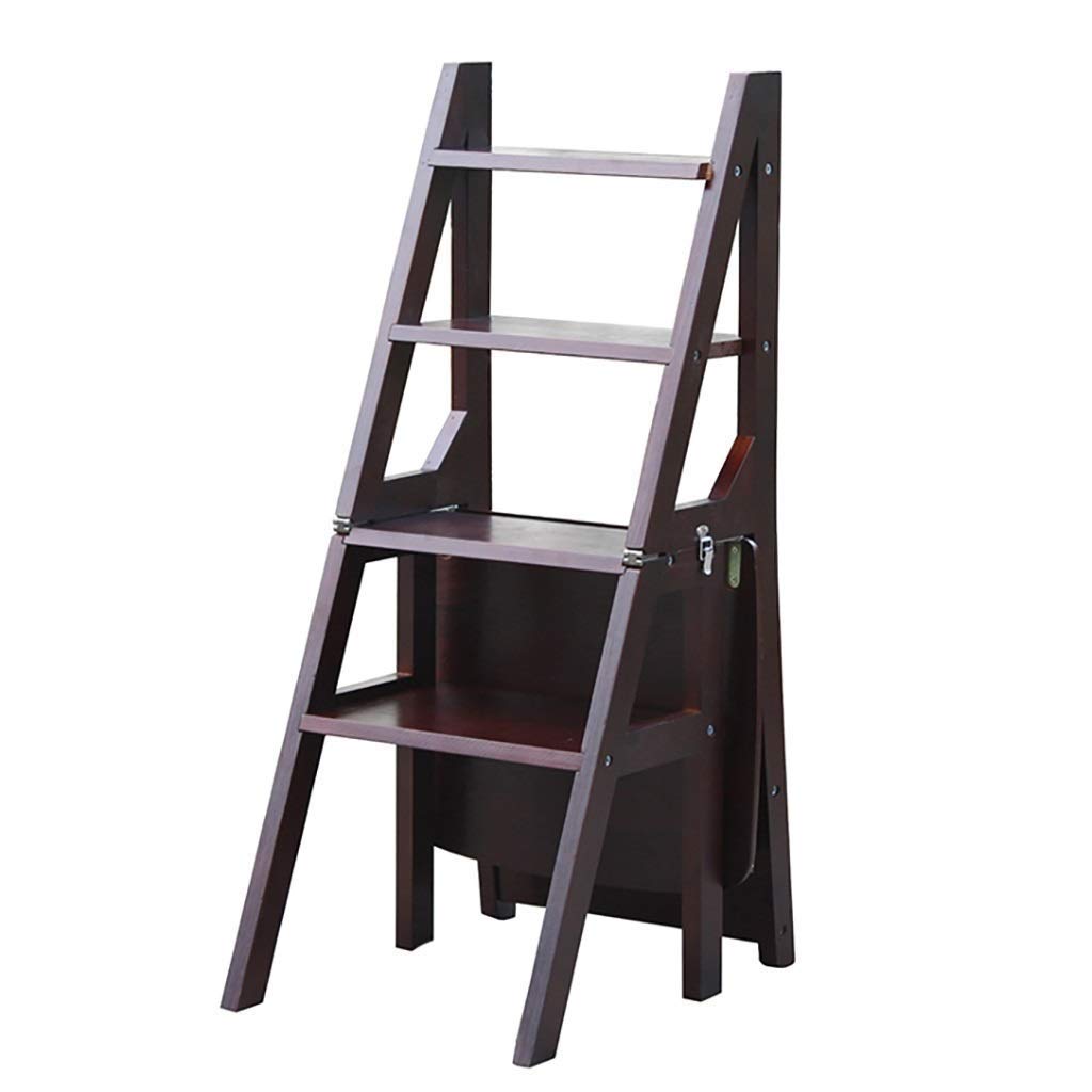 Folding Step Stool with 4 Steps - Multi-Functional Ladder Chair for Kitchen, Bathroom & Closet - Dark Walnut Stool Doubles as Shoe Rack & Plant Stand - Space Saving Home Organization Solution