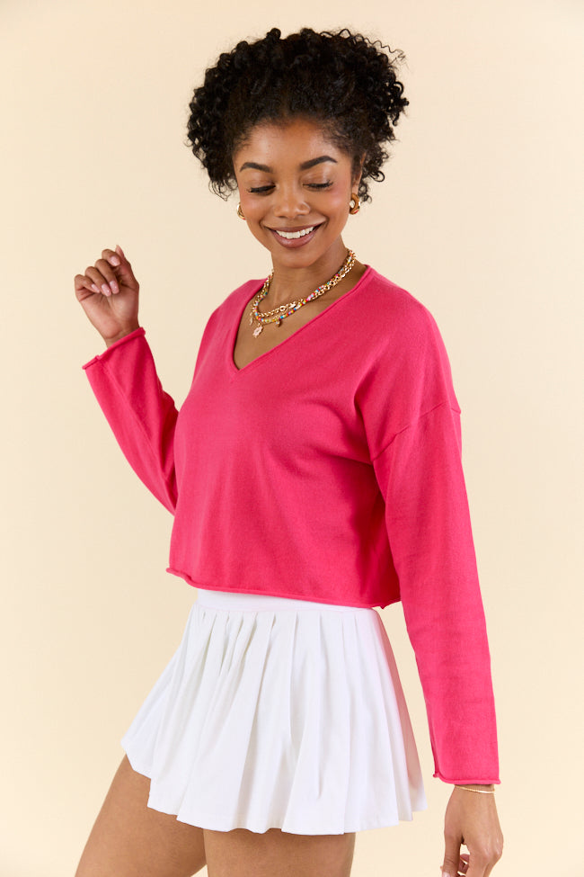 No Bad Days Hot Pink Drop Shoulder V Neck Pullover Sweater - Women's Casual Oversized Knit Top for Fall & Winter | Perfect for Date Night, Coffee Dates, and Weekend Outfits