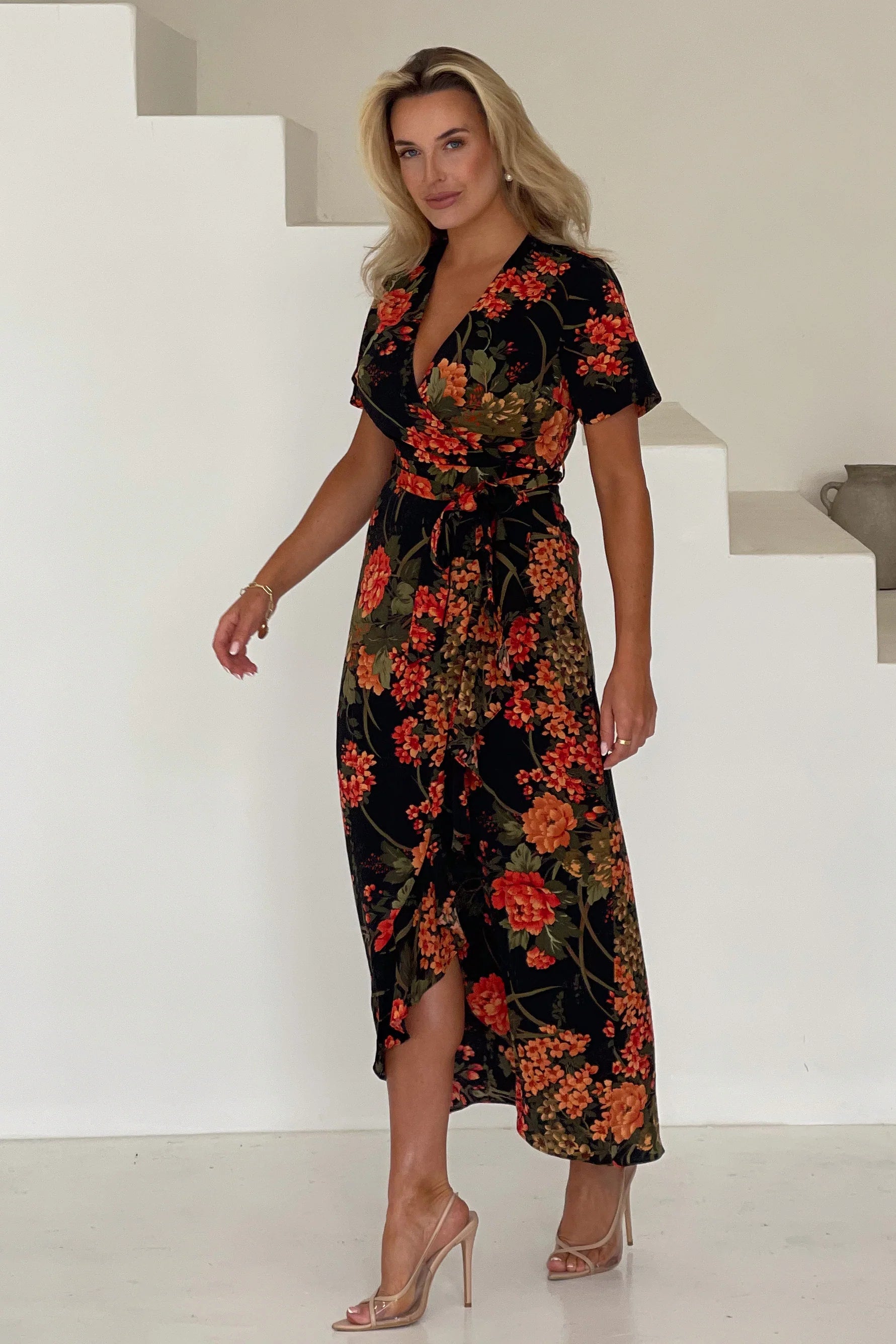 Farrah Split Hem Frill Maxi Dress - Brown Floral Print Summer Beach Dress for Women | Boho Chic Vacation Outfit, Wedding Guest Dress, Date Night Dress