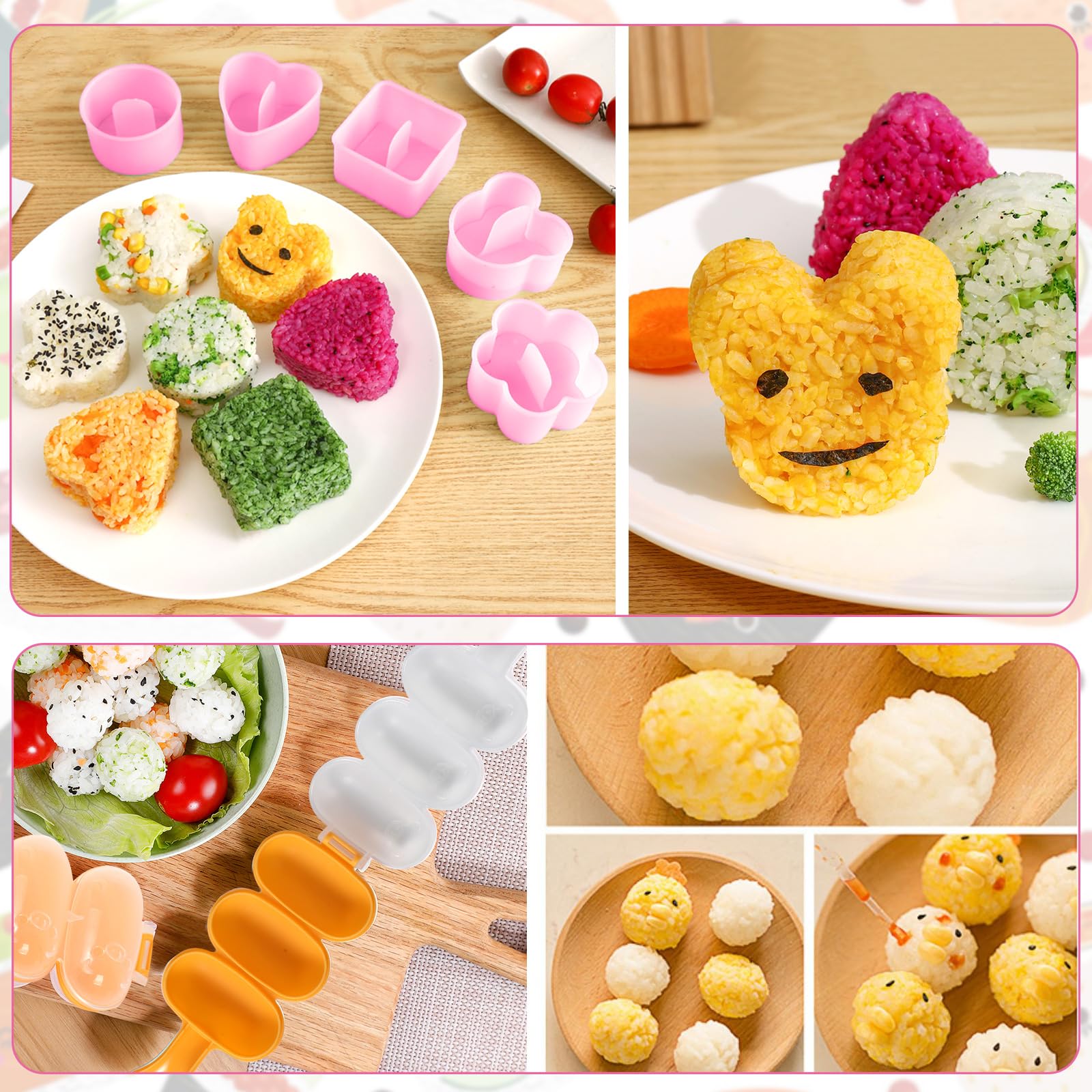 8-Piece Sushi Onigiri Musubi Maker Kit - Rice Ball Mold with Small Paddle & Brush for Perfect Homemade Japanese Snacks (Pink) | Ideal for Bento Boxes, Picnics & Party Food Prep