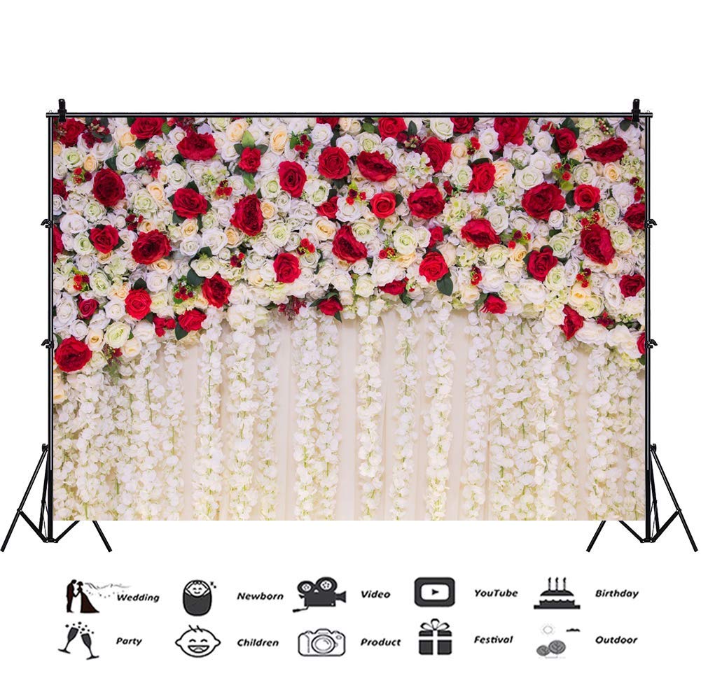 AOFOTO 10x7ft Red White Rose Floral Photography Backdrop - Wedding, Bridal Shower, Newborn Baby Girl Birthday Party, Portrait & Cake Table Decor - Perfect for Photo Booth, Studio Props & Themed Events