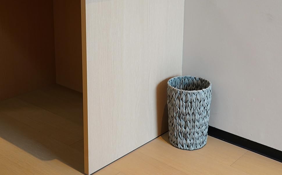 Waterproof Wicker Trash Can - 2 Gallon Small Round Bathroom & Bedroom Waste Basket, Handwoven Grey Office Trash Bin for Home, Kitchen, Dorm (Perfect for Bathroom Vanity, Bedside, or Office Desk)